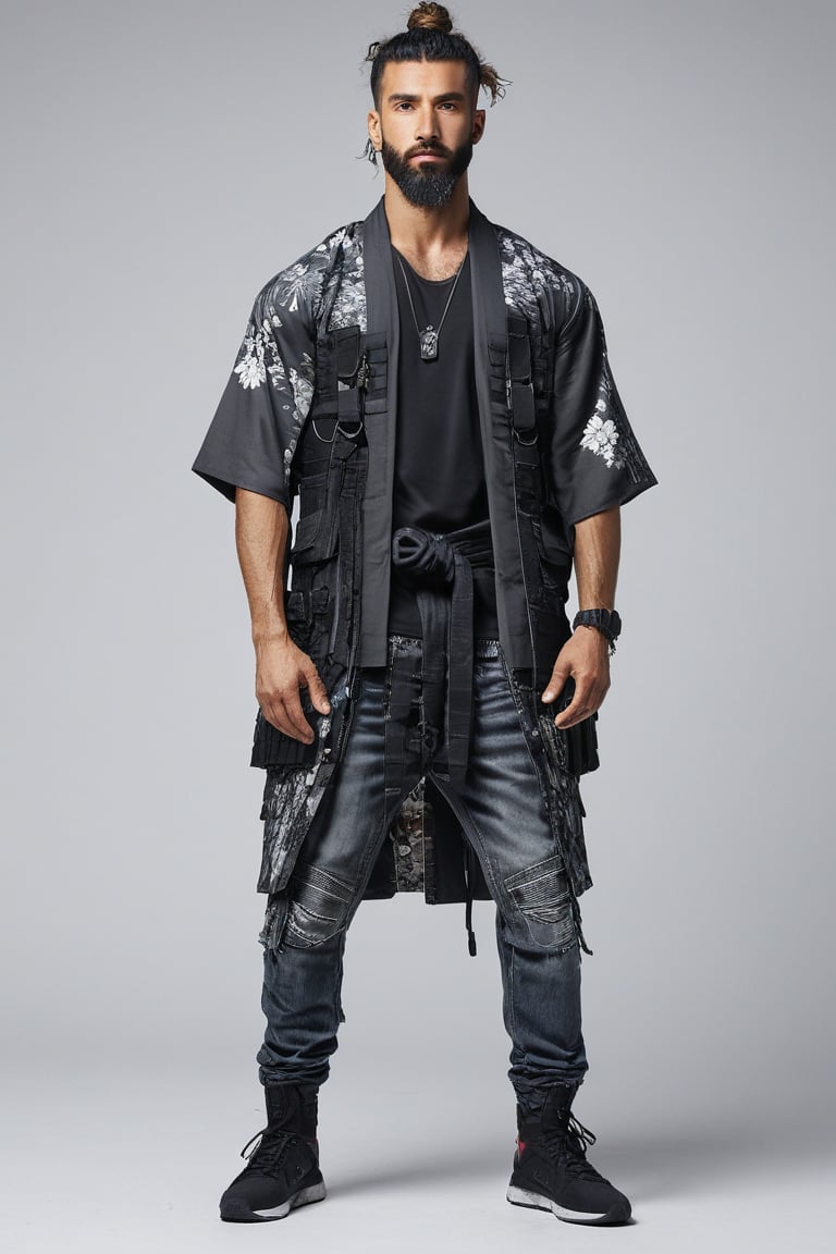 1man, male, Long-exposure, head to toe, Full view portrait of a man, handsome face, muscular body, viking hair, samurai hair, ((long high-knot tied wavy hair)), floral-patterned baggy loose-fitting large tactical kimono , Baggy ripped cargo jeans, high-cut sneakers, detailed skin texture, front view, age 31, 31 years old, hyperdetailed photography, cover,photorealistic, urban techwear, TechStreetwear, tactical gear, tacticalgear,mullet_hair,shullet,