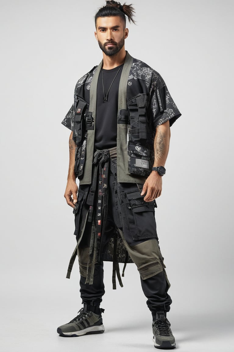 1man, male, Long-exposure, head to toe, Full view portrait of a man, handsome face, muscular body, samurai hair, ((long high-knot tied wavy hair)), floral-patterned baggy loose-fitting large tactical kimono , Baggy ripped cargo jeans, high-cut sneakers, detailed skin texture, front view, age 31, 31 years old, hyperdetailed photography, cover,photorealistic, urban techwear, TechStreetwear, tactical gear, tacticalgear,mullet_hair,shullet,