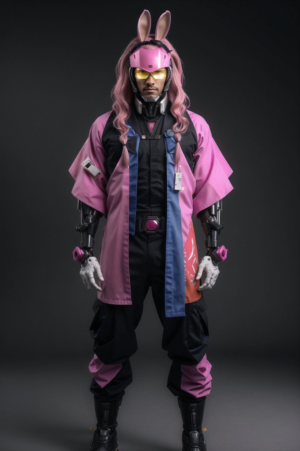 1male, (best quality,8K,highres,masterpiece, ultra-detailed, super colorful, vibrant, realistic, high-resolution), wide view, full picture head-to-toe, colorful portrait of an asian male with flawless anatomy, his left hand is detachable mechanical prosthetics hand, he is wearing a blue-coloured tactical kimono with no under-garment under it, baggy cargo pants, doctor marten's high boots, His tattoed skin is extremely detailed and realistic, with a natural and lifelike texture. ((His pink-colored wavy hair is tied in high-knot)) The background is black. The lighting accentuates the contours of his face, adding depth and dimension to the portrait. The overall composition is masterfully done, showcasing the intricate details and achieving a high level of realism,Hair,zzmckzz,Mecha body,mecha,mecha musume,kimono,BJ_Gundam,haman karn,Rabbit ear,urban techwear,tech