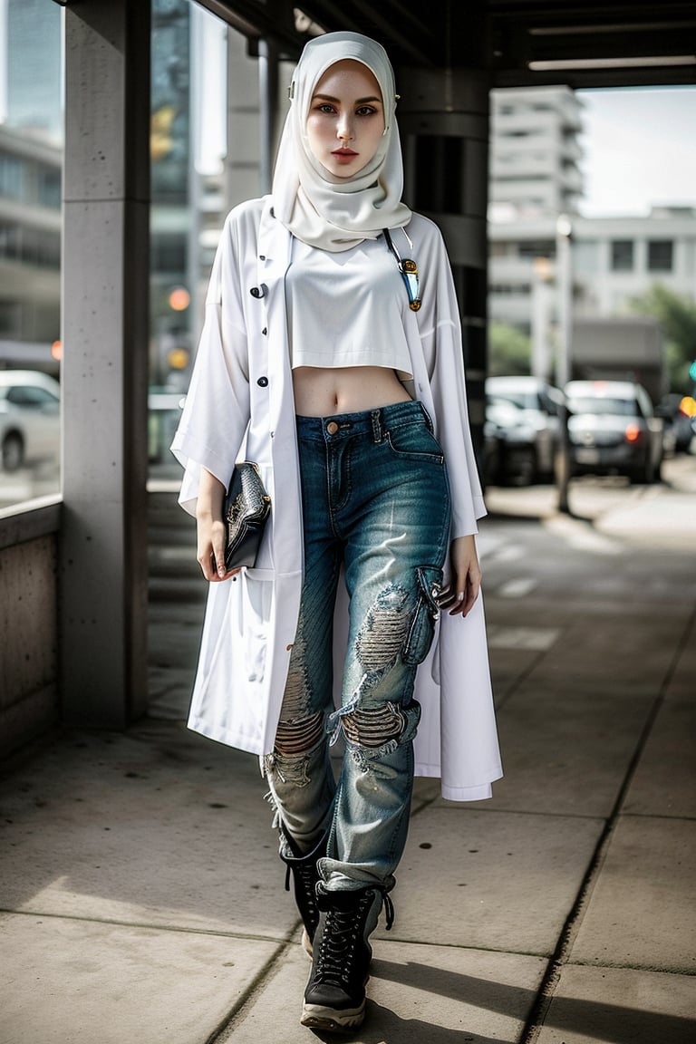 wearing hijab, baggy loose-fitting large see-through tactical kimono, Baggy ripped cargo jeans, doctor marten's high boots, detailed skin texture, front view, ((white_skin)), pale_skin, beautiful woman thick Russian-Korean lady, age 21, 21 years old, toned_belly, big_thighs, curvy, glistening_s, hyperdetailed photography, cover,photorealistic, hourglass body shape