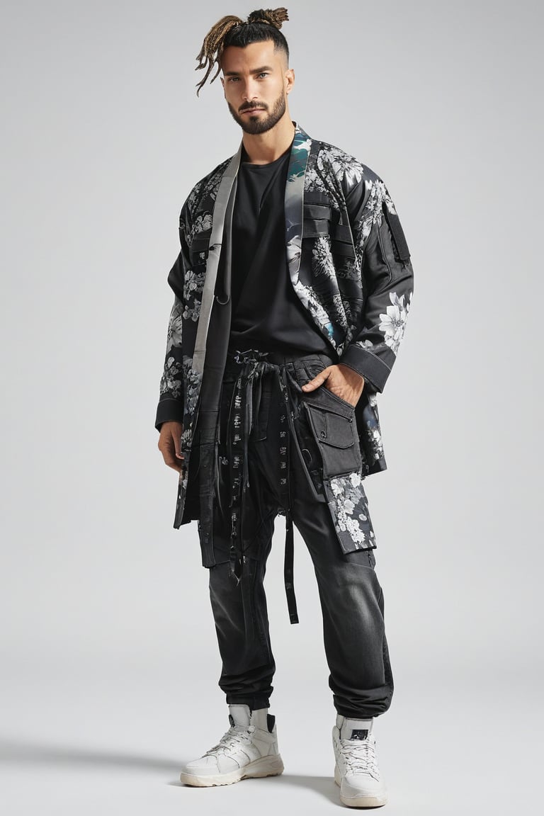 1man, male, Long-exposure, head to toe, Full view portrait of a man, clean shaved face, handsome face, muscular body, ((long high-knot tied wavy hair)), floral-patterned baggy loose-fitting large tactical kimono , Baggy ripped cargo jeans, high-cut sneakers, detailed skin texture, front view, age 31, 31 years old, hyperdetailed photography, cover,photorealistic, urban techwear, TechStreetwear, tactical gear, tacticalgear,mullet_hair,shullet,