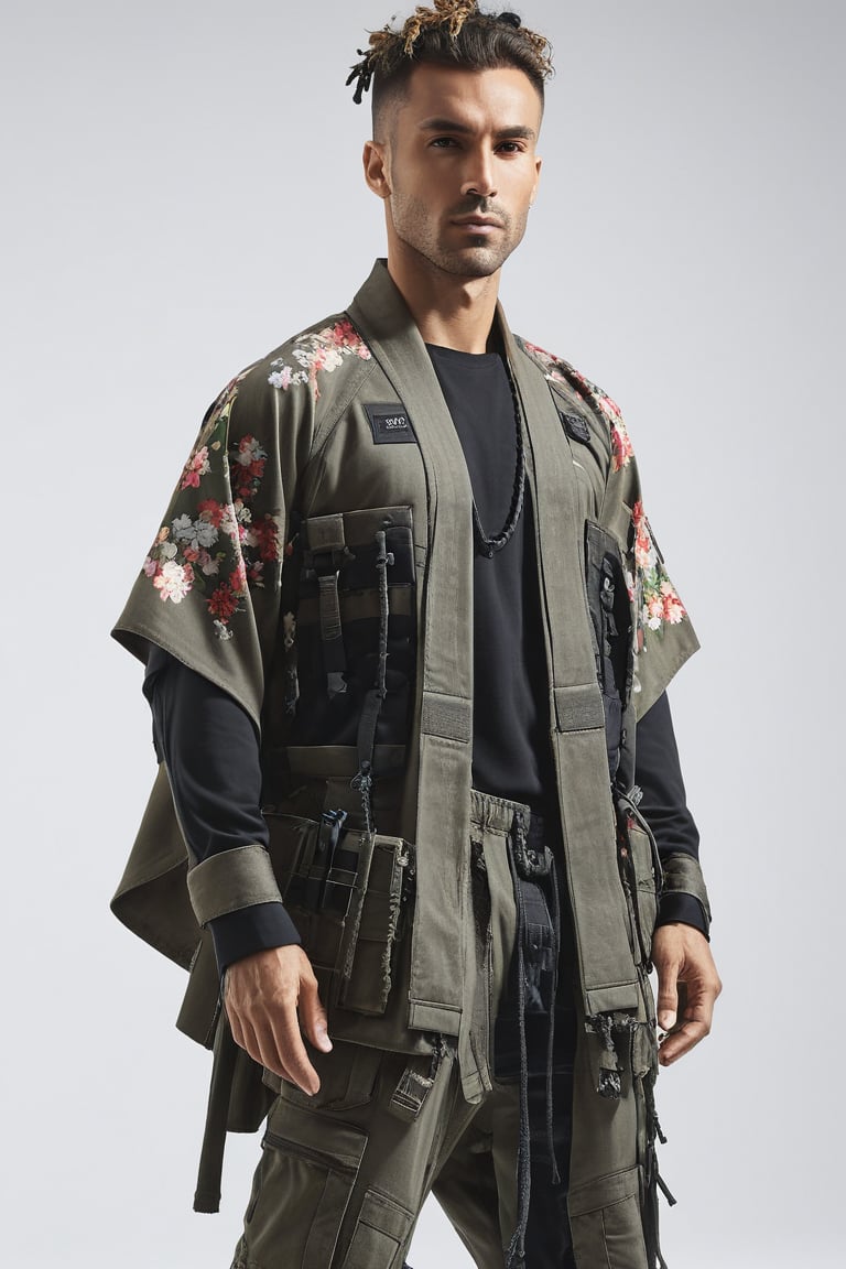 1man, male, Long-exposure, head to toe, Full view portrait of a man, clean shaved face, handsome face, muscular body, ((long high-knot tied wavy hair)), floral-patterned baggy loose-fitting large tactical kimono , Baggy ripped cargo jeans, high-cut sneakers, detailed skin texture, front view, age 31, 31 years old, hyperdetailed photography, cover,photorealistic, urban techwear, TechStreetwear, tactical gear, tacticalgear,mullet_hair,shullet,