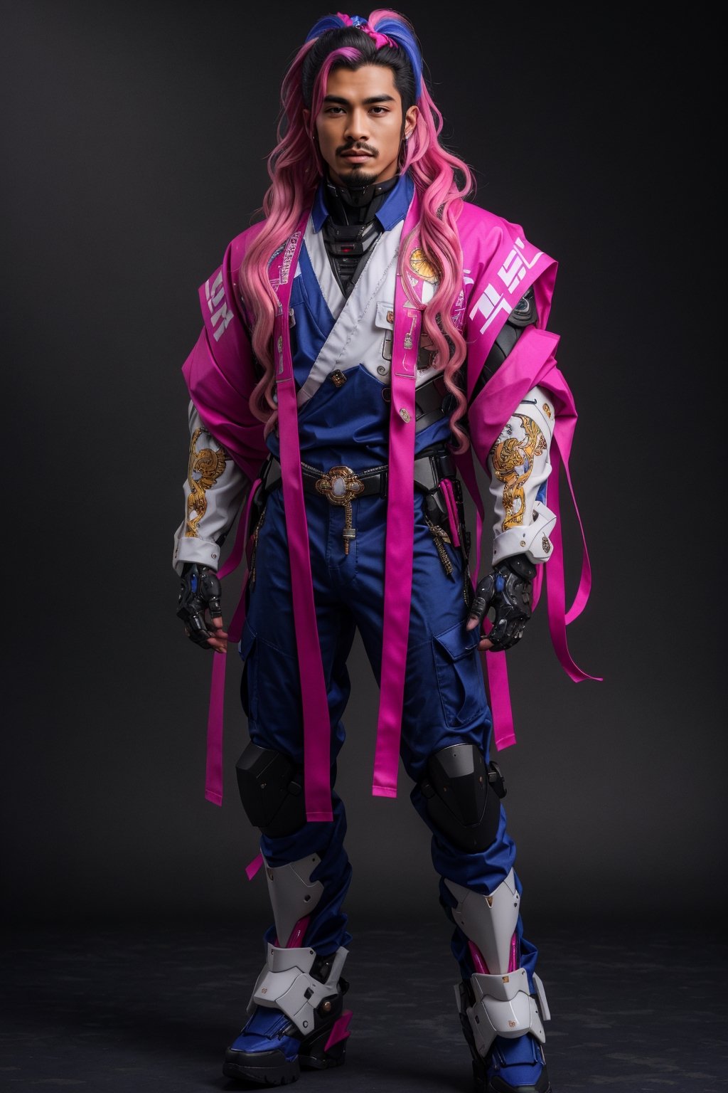 1male, (best quality,8K,highres,masterpiece, ultra-detailed, super colorful, vibrant, realistic, high-resolution), wide view, full picture head-to-toe, colorful portrait of an asian male with flawless anatomy, his left hand is detachable mechanical prosthetics hand, he is wearing a blue-coloured tactical kimono with no under-garment under it, baggy cargo pants, doctor marten's high boots, His tattoed skin is extremely detailed and realistic, with a natural and lifelike texture. ((His pink-colored wavy hair is tied in high-knot)) The background is black. The lighting accentuates the contours of his face, adding depth and dimension to the portrait. The overall composition is masterfully done, showcasing the intricate details and achieving a high level of realism,Hair,zzmckzz,Mecha body,mecha,mecha musume,kimono,BJ_Gundam,haman karn,Rabbit ear,urban techwear,tech