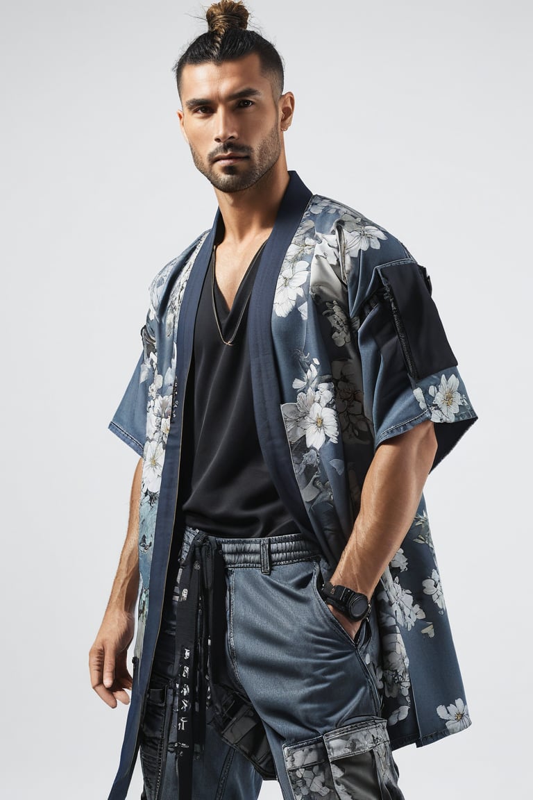 1man, male, Long-exposure, head to toe, Full view portrait of a man, handsome face, muscular body, samurai hair, ((long high-knot tied wavy hair)), floral-patterned baggy loose-fitting large tactical kimono , Baggy ripped cargo jeans, high-cut sneakers, detailed skin texture, front view, age 31, 31 years old, hyperdetailed photography, cover,photorealistic, urban techwear, TechStreetwear, tactical gear, tacticalgear,mullet_hair,shullet,