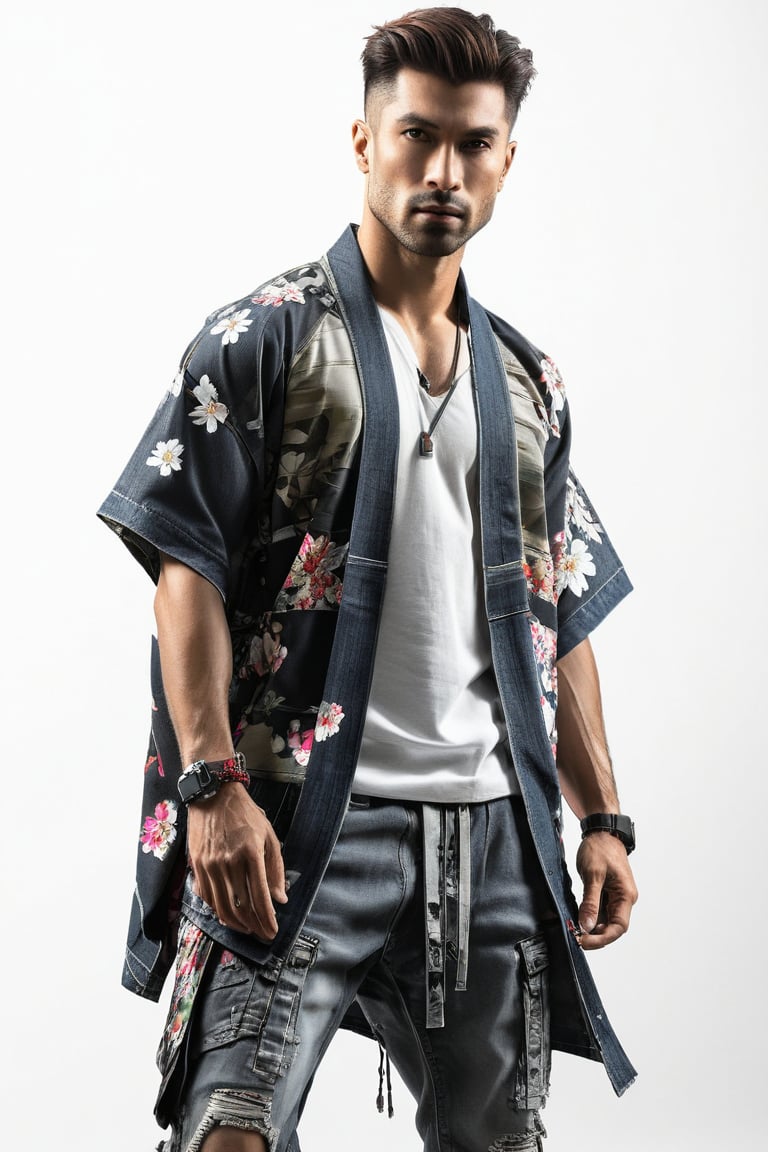 1man, male, Long-exposure, head to toe, Full view portrait of a man, handsome face, muscular body, samurai hair, floral-patterned baggy loose-fitting large tactical kimono , Baggy ripped cargo jeans, high-cut sneakers, detailed skin texture, front view, age 31, 31 years old, hyperdetailed photography, cover,photorealistic, urban techwear, TechStreetwear, tactical gear, tacticalgear,mullet_hair,shullet,