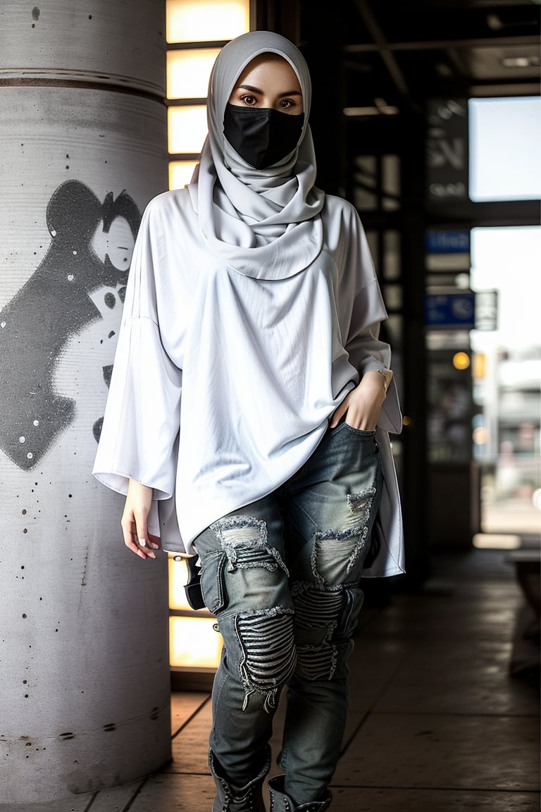 wearing hijab, baggy loose-fitting large see-through tactical kimono, Baggy ripped cargo jeans, doctor marten's high boots, detailed skin texture, front view, ((white_skin)), pale_skin, beautiful woman thick Russian-Korean lady, age 21, 21 years old, toned_belly, big_thighs, curvy, glistening_s, hyperdetailed photography, cover,photorealistic, hourglass body shape