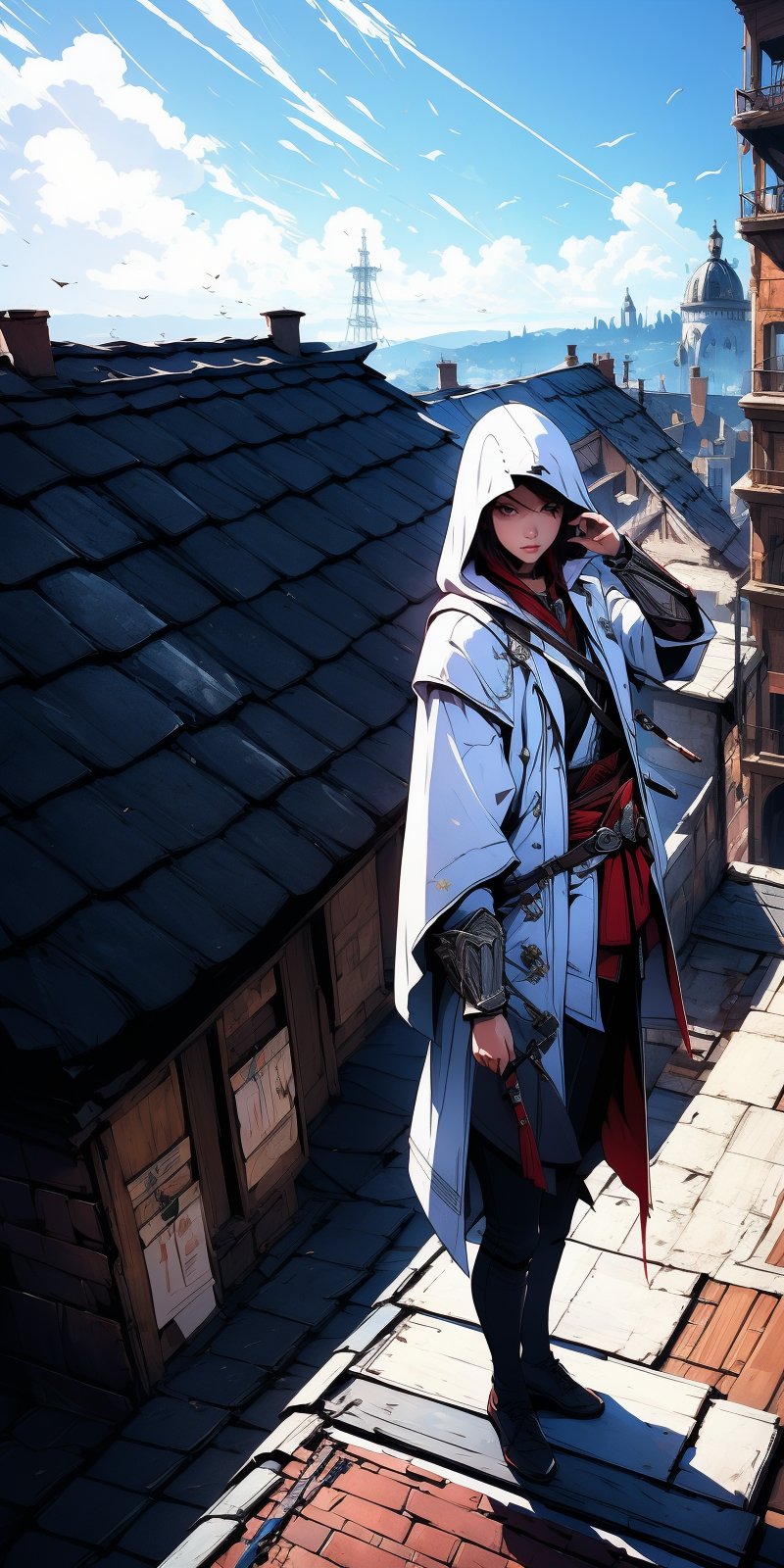 Assassins creed, full_body, female Assassins, oversized_clothes, standing on rooftop, solo_focus 