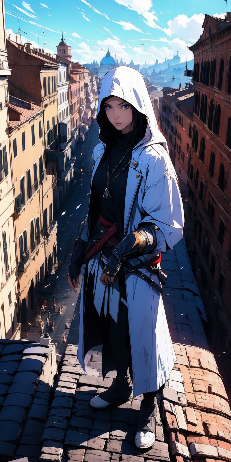 Assassins creed, full_body, female Assassins, oversized_clothes, standing on rooftop, solo_focus, Rome 