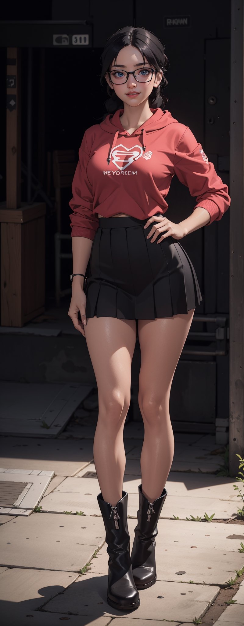 A beautiful 25 year old woman, hazel eyes, glowing eyes, she has a body of a fitness model, large breasts, black hair and glasses, bangs, hair braid, smiling, hourglass body shape, slim waist, full-body_portrait, cropped hoodie, pleated skirt, rocker boots