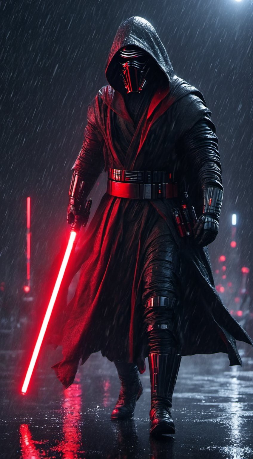 One man, mask, hoody, black armor, ((holding one red lightsaber)), moon, full body
| wet surfaces, rain, lightning, VFX
| builings, (photorealistic, ultra_resolution, ultra detailed, best lighting, Red tracing, best shadow)