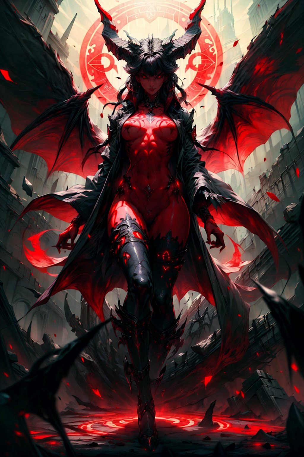 Masterpiece, ultra hd, 8k, hdr, dynamic, hype realistic, perfect hands:1.2, detailed background, finely detailed body, One female demon, wings, (dark red eyes), long black hair, bangs, hair_past_waist, straight_hair, perfect figure, (bare breasts, nude), ((red-colored apparel, often in the form of long, two-tailed coats)), depth_of_field, (solo), GlowingRunes_red, magical circle background, ((full_body)), a powerful and malevolent sorcerer, she performs magic circles.