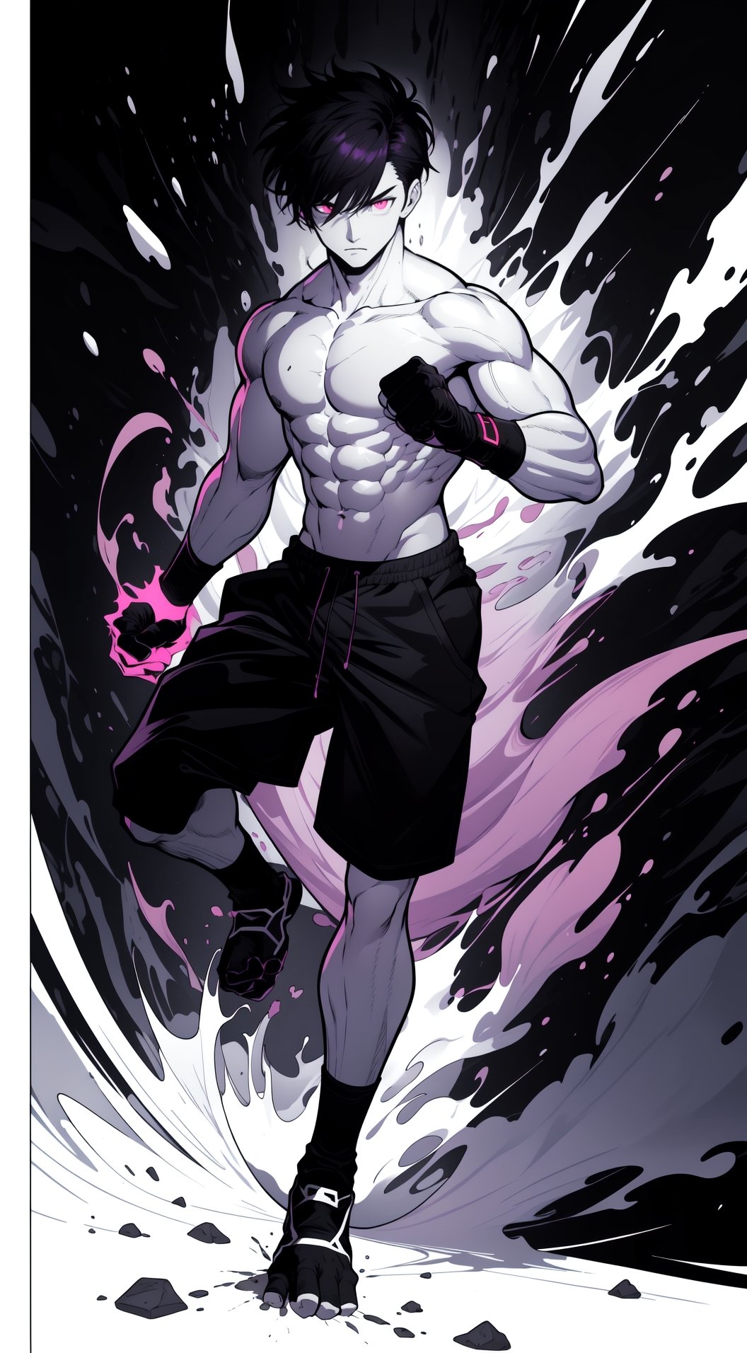 Muscular man body, shirtless, (slim body), (black hair), black gym shorts, fingerless gloves, clinching fist, (purple eyes), white hair, (red eyes), short textured french crop with taper fade, bangs, black hair, (glowing eyes), full-body_portrait, ((black and white)), ((B&W)), slim body, ((two panel comic without text))