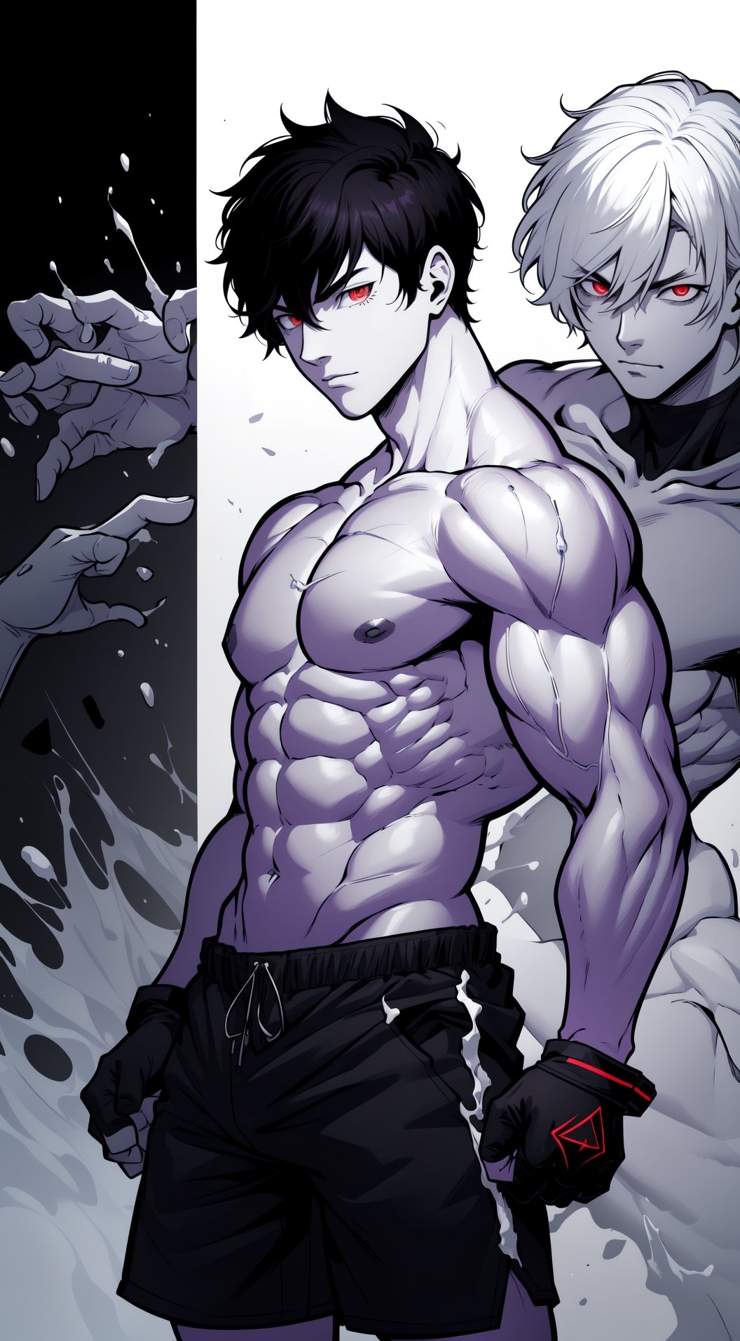 Muscular man body, shirtless, (slim body), (black hair), black gym shorts, fingerless gloves, clinching fist, (purple eyes), white hair, (red eyes), short textured french crop with taper fade, bangs, black hair, (glowing eyes), full-body_portrait, ((black and white)), ((B&W)), slim body, ((two panel comic without text))