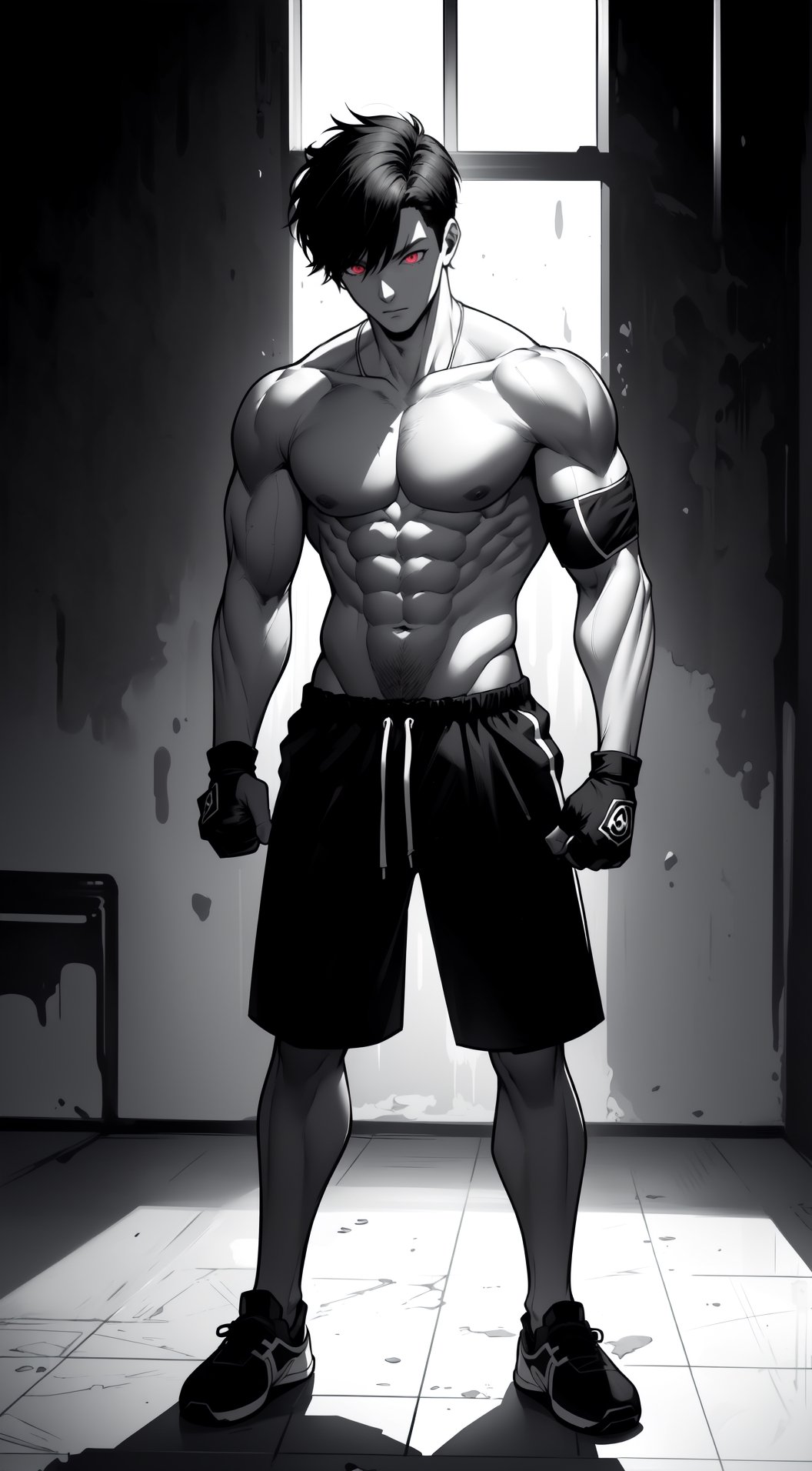 Muscular man body, shirtless, (slim body), (black hair), black gym shorts, fingerless gloves, clinching fist, (purple eyes), white hair, (red eyes), short textured french crop with taper fade, bangs, black hair, (glowing eyes), full-body_portrait, ((black and white)), ((B&W)), slim body, ((two panels with no text))