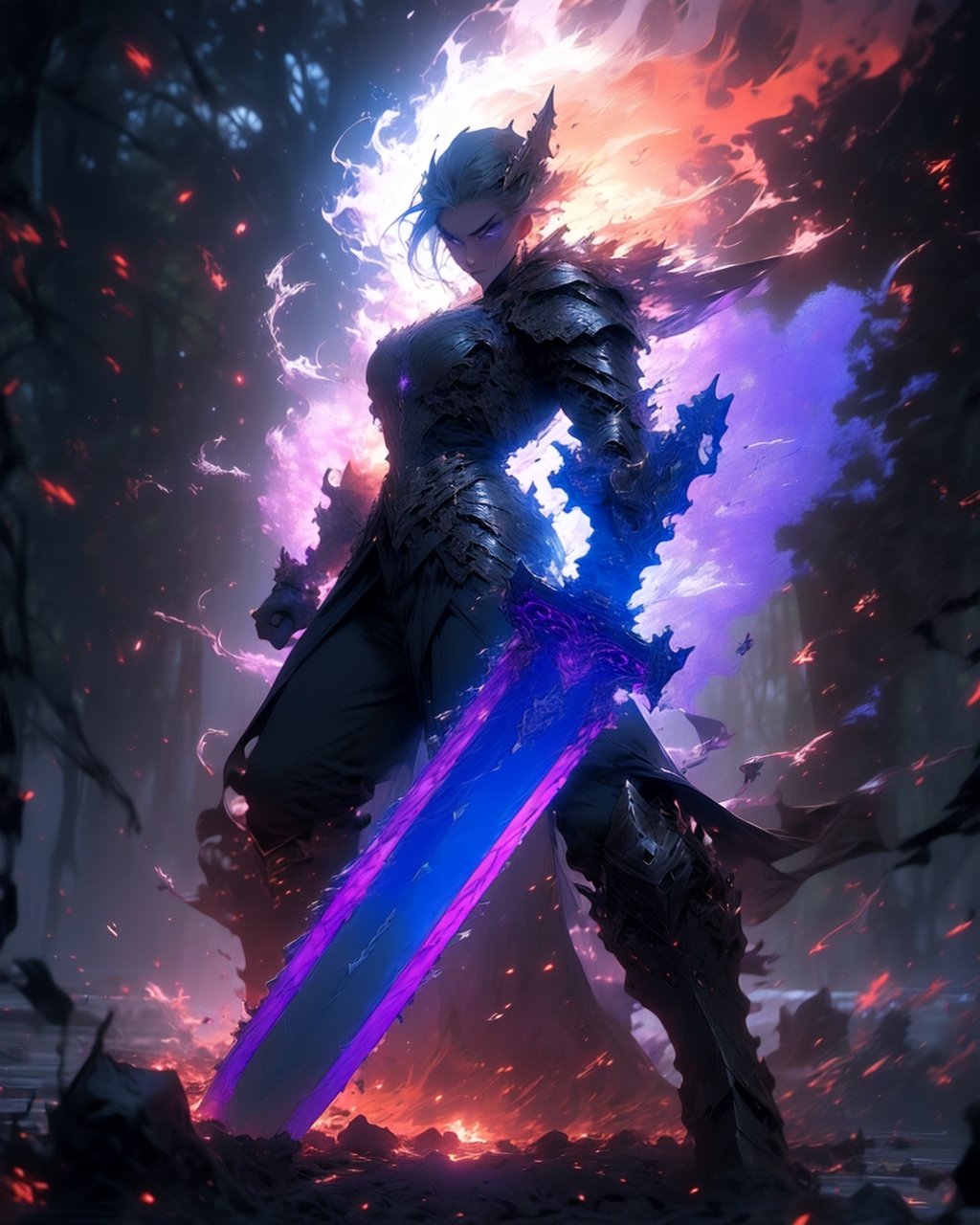 (1girl), beautiful woman, paladin, large shield, paladin armor, very large sword in hand, fire particles floating around, battlefield, action position, dynamic position, forest, High detailed ,r1ge, (violet theme:1.2)