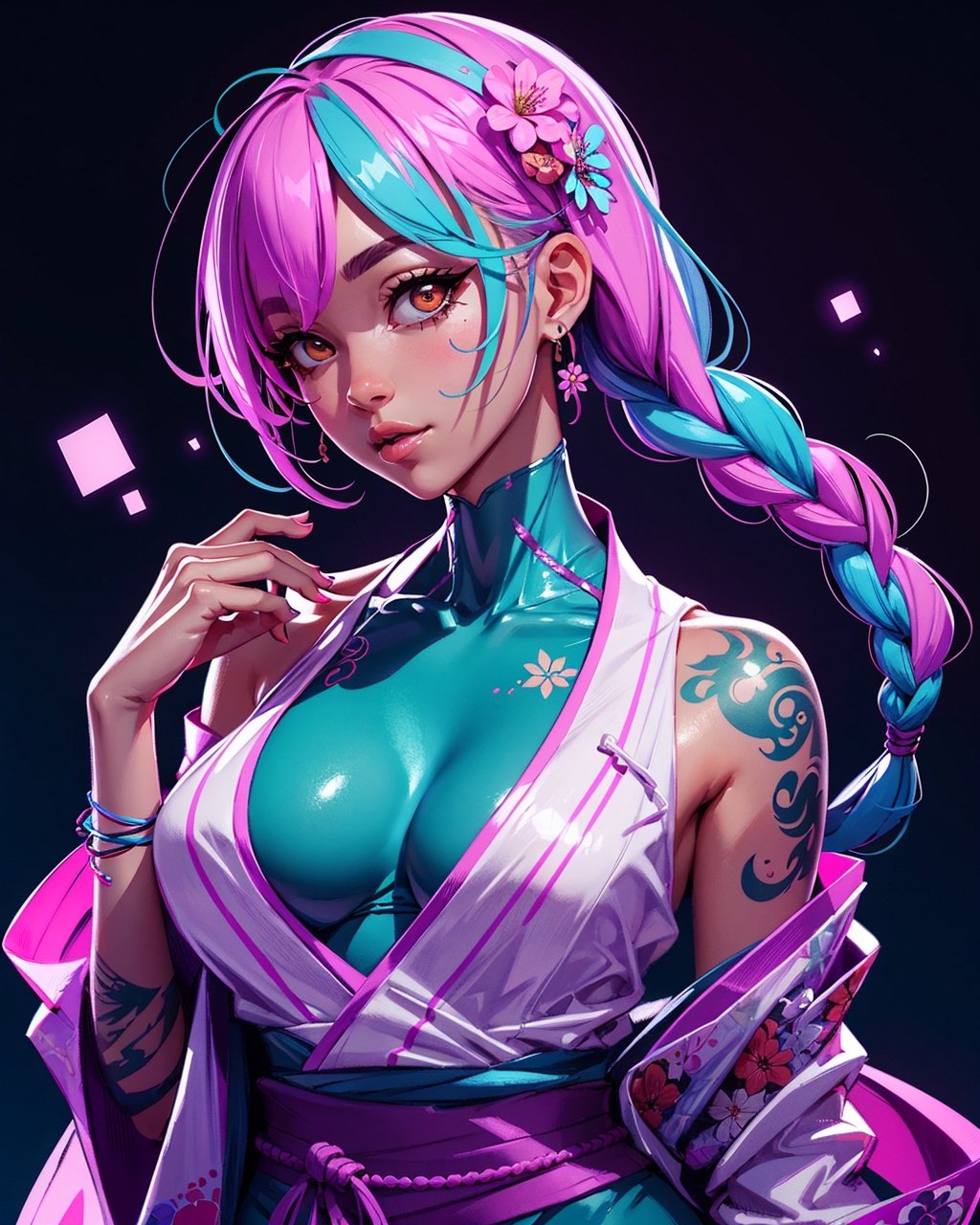 beautiful woman, yukata, long braids, cleavage, bottom view, looking_at_viewer, power effect, fog, tatoos, pastel colors, artwork_(digital), digital painting, vibrant color, neon light, tokyo stand