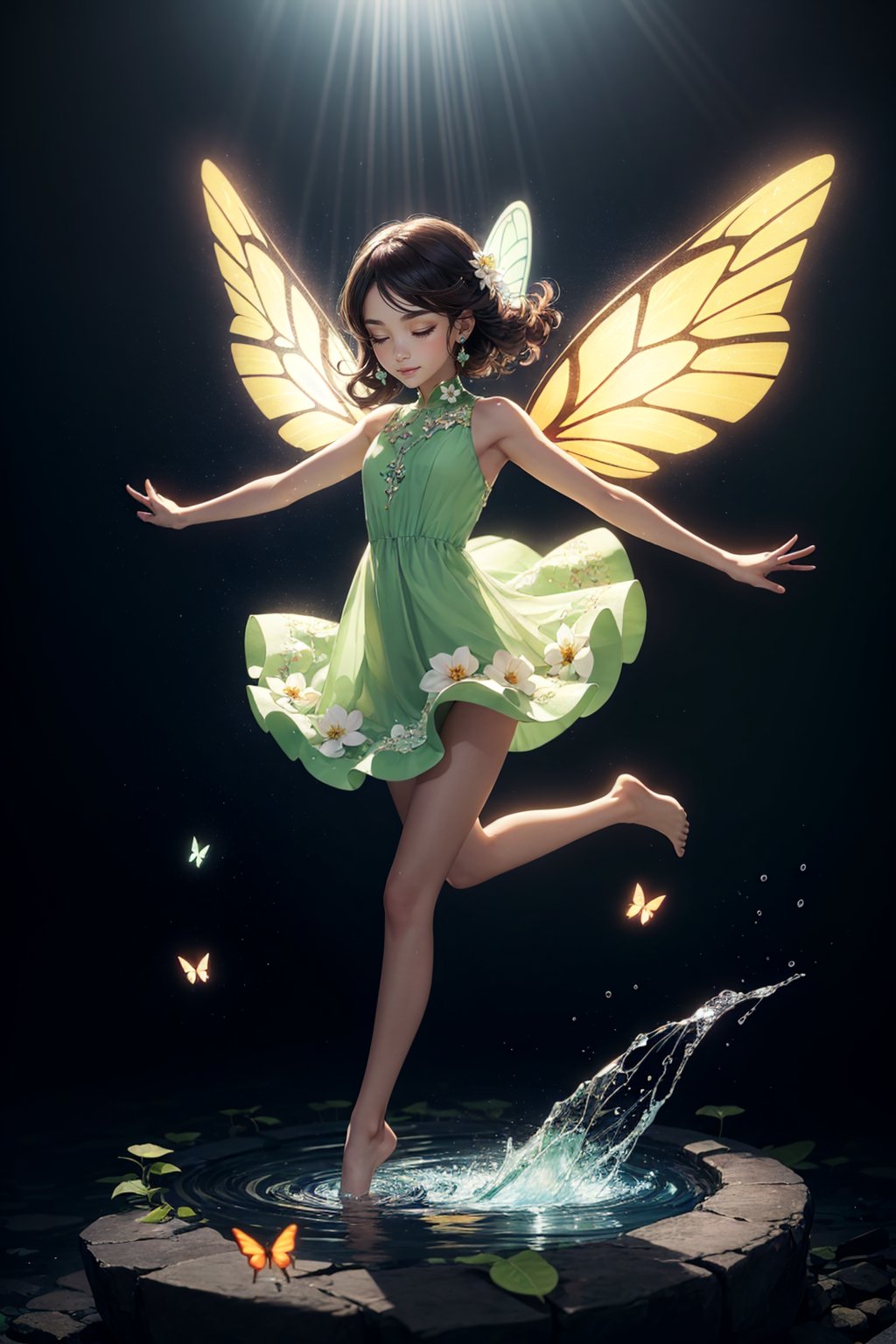 (1girl), fairy_wings, flower_hair_ornament, floral_dress, standing, one leg bent, levitation, look at the ground, light halo, brown light around, fractal, power, strength, flying butterflies, no background, transparent dress, light green dress, cute, made up, side view , water source, eyes closed