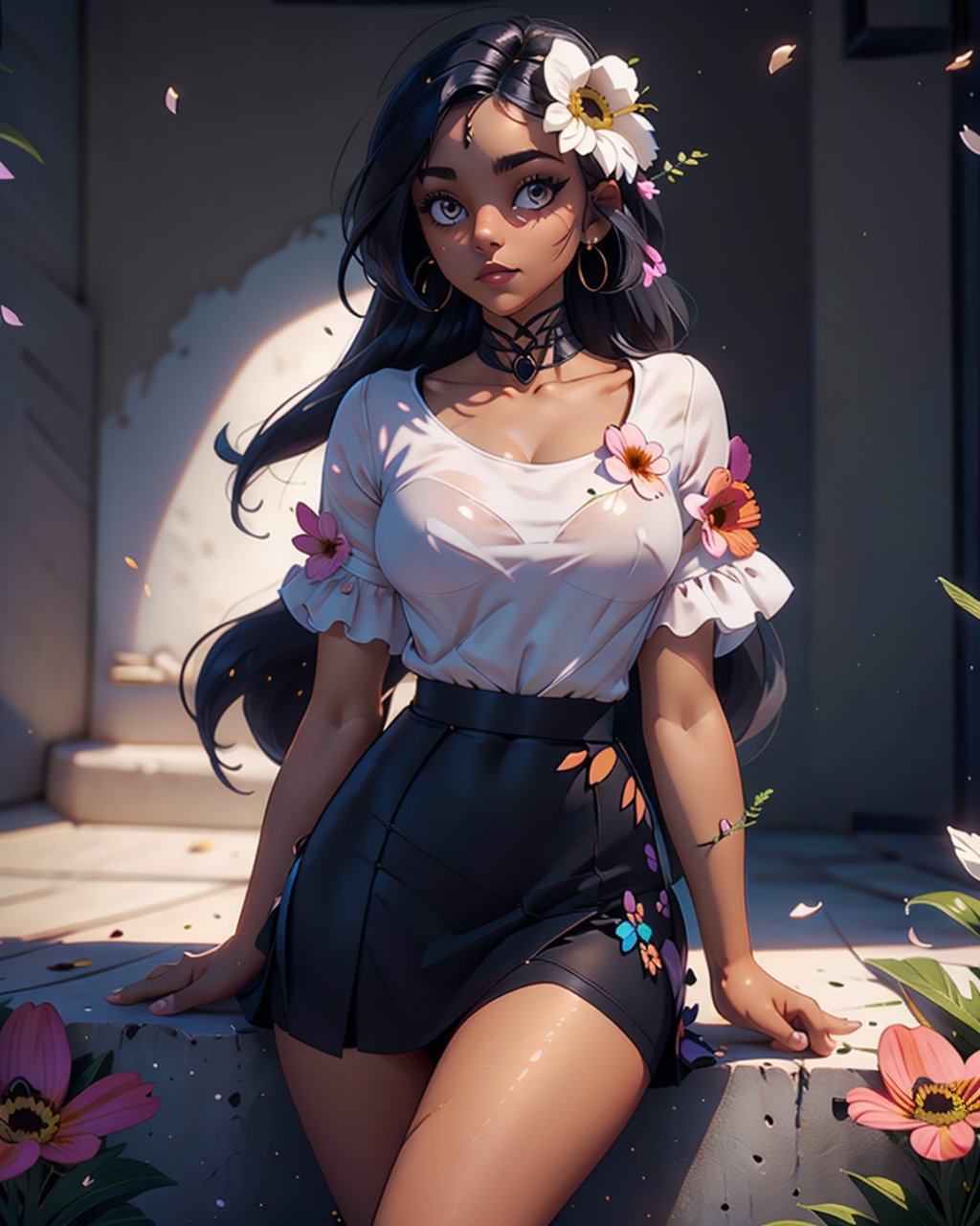 (1girl), beautiful woman:(dark skin,long hair,flower cute skirt,white top), hourglass body shape,hourglass body shape,3DMM,High detailed 