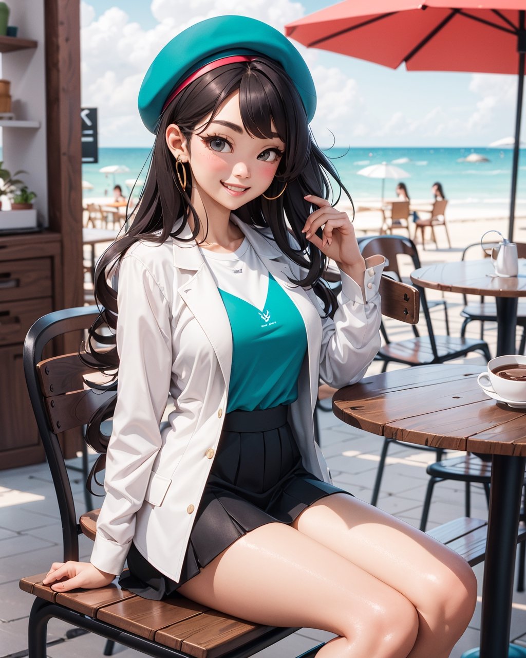 beautiful woman, medium breasts, long hair, smile, blush, joy, beret, skirt, sneakers, café terrace, hot chocolate, table, street, beach, curtain shirt,SAM YANG