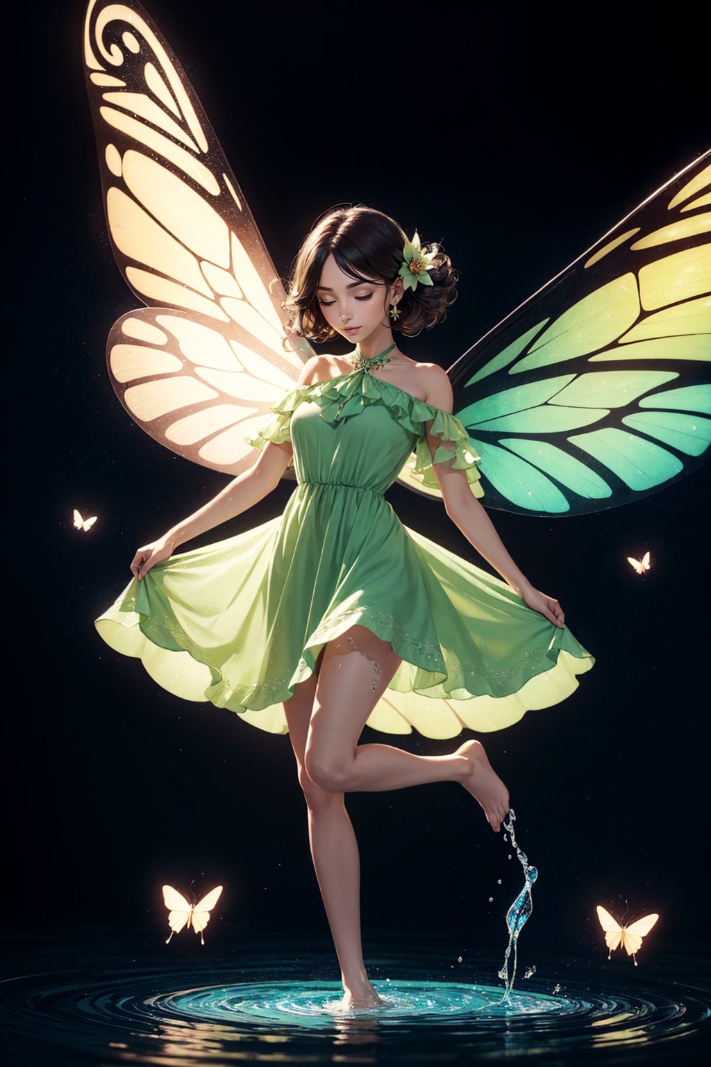 (1girl), fairy_wings, flower_hair_ornament, floral_dress, standing, one leg bent, levitation, look at the ground, light halo, brown light around, fractal, power, strength, flying butterflies, no background, transparent dress, light green dress, cute, made up, side view , water source, eyes closed
