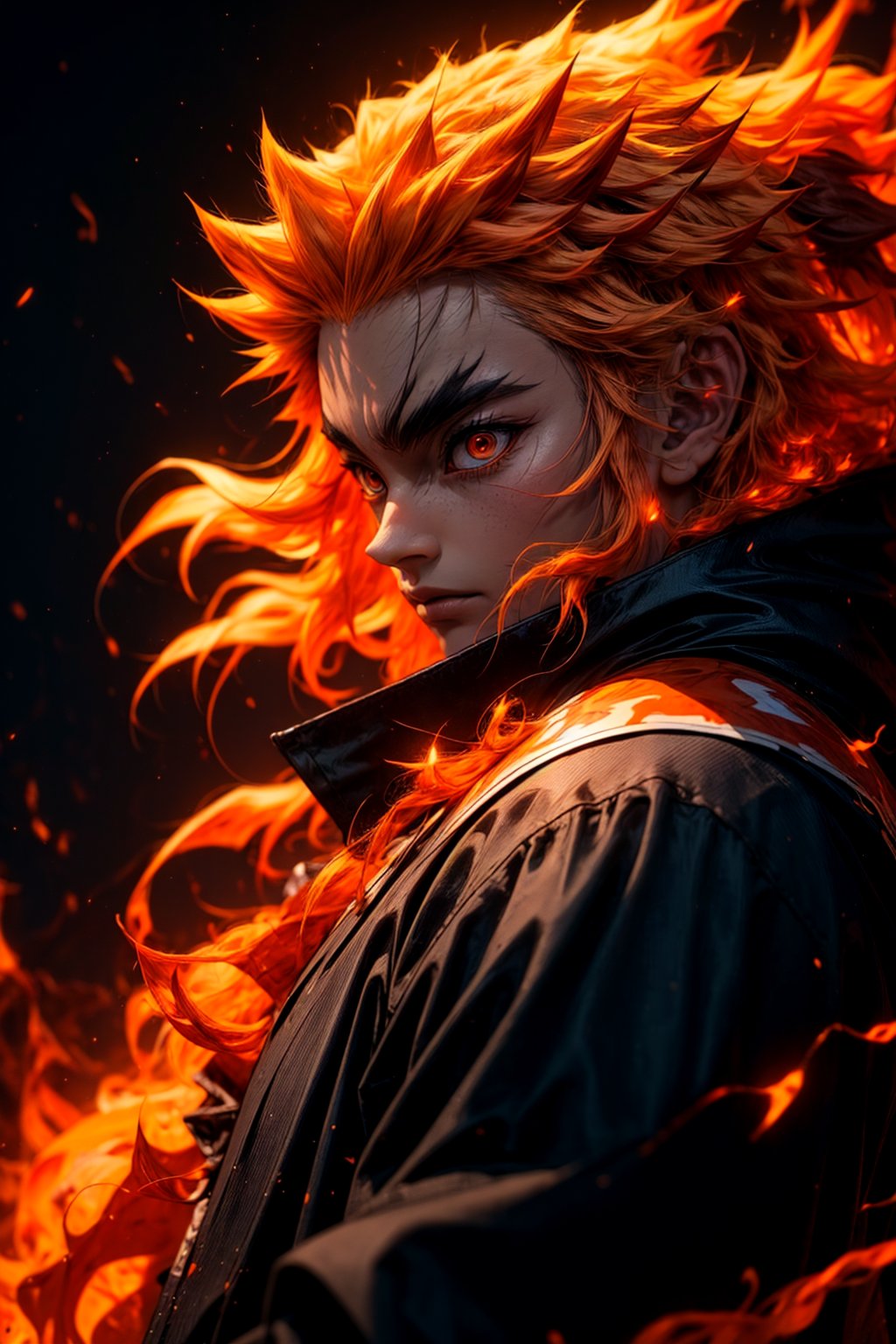 sharp focus, dynamic, (natural skin texture, hyperrealism:1.25), (skinny:1.25),portrait of Kyojuro , 1boy , glowing eyes, looking at viewer, serius face, empty look, dinamic pose, dinamic hair, strong wind, orange hair-streaks, very low angle, looking at camera, pale skin, staring, full body, constricted pupils, fire background, fire-storm,rengoku kyoujurou, 
white cape, fire streaks,r1ge