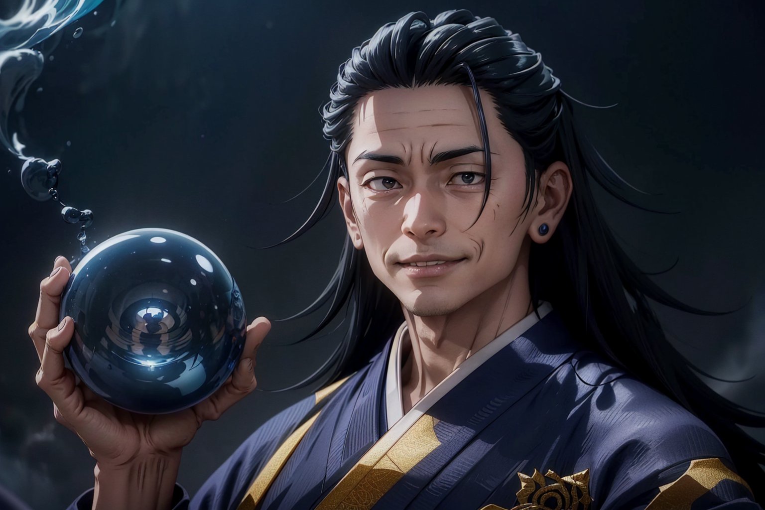 sharp focus, dynamic, (natural skin texture, hyperrealism:1.25), (skinny:1.25), A man is swallowing a glowing black and blue glass sphere with the mouth, spiral inside sphere, suguru getou , He has very small inner eyes, big smile, sad looking face, depressed, dinamic pose, long dinamic hair, strong wind, low angle, pale skin, crazy looking at viewer, staring, upper body, sunny day, black smoke background, long kimono, . ,anime,getou,black hair,r1ge,Cursed energy