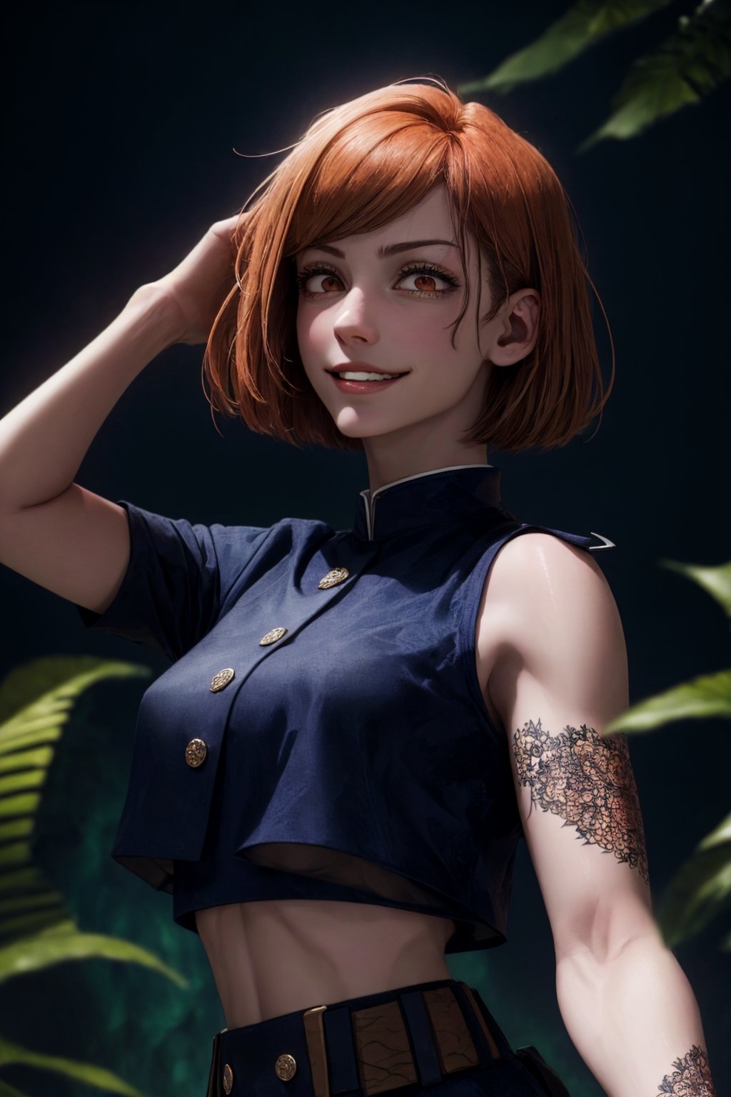 sharp focus, dynamic, (natural skin texture, hyperrealism:1.25), (skinny:1.25), hammer tool, semi short hair,fighting pose, semi-collected bangs, high-neck dark blue top uniform, verydark orangehair, holding big nails tools, low angle,pale skin, portrait of Kugisaki Nobara, crazy smile ,condescendent expression, patronizing look , cropped at the waist, revealing the midriff, looking at viewer, staring, dark brown semiclosed eyes, upper body, hammer tool , sunny forest background with some old japanese temple details. 