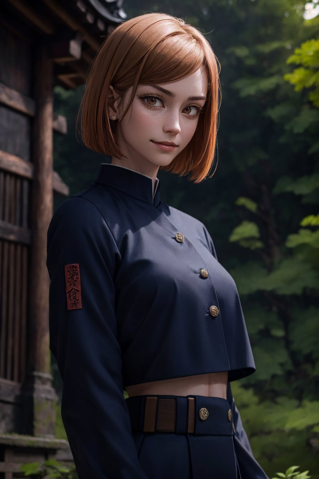 sharp focus, dynamic, (natural skin texture, hyperrealism:1.25), (skinny:1.25),semi short hair,fighting pose, semi-collected bangs, high-neck dark blue top uniform, verydark orangehair, low angle,pale skin, portrait of Kugisaki Nobara, crazy smile ,condescendent expression, patronizing look , cropped at the waist, revealing the midriff, looking at viewer, staring, dark brown semiclosed eyes, upper body, hammer tool , sunny forest background with some old japanese temple details. holding big nails tools,kugisaki nobara