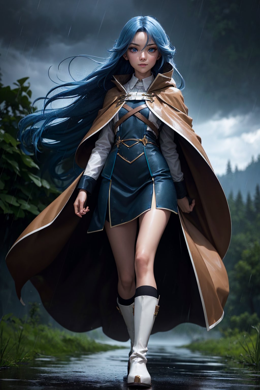 sharp focus, dynamic, (natural skin texture, hyperrealism:1.25), (skinny:1.25), girl summoning a very heavy rain storm, blue eyes, dinamic pose, dinamic hair, strong wind, long blue hair, using a powerfull spell, low angle, pale skin, lazy smile, shy looking at viewer, staring, full body, big green landscape, long brown wizard cape. very long magic wand,anime