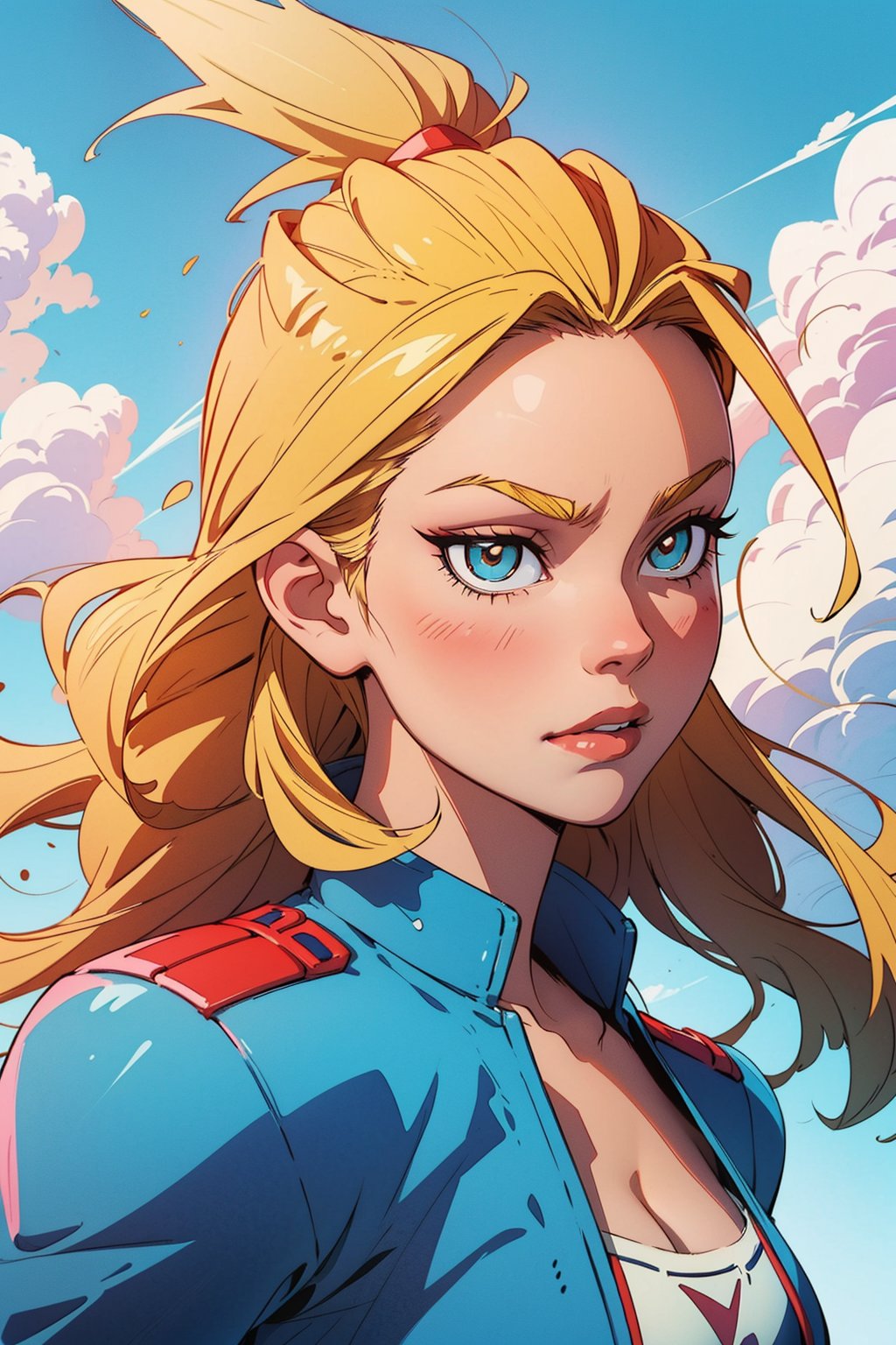 a beautiful girl, with a defined and curvy body, blonde hair, allmight clothes from boku no hero academia, big breasts, defined body, she allmight