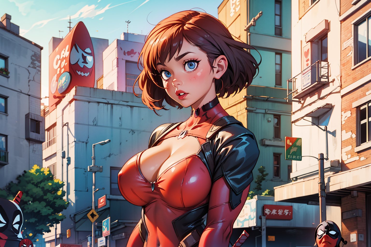 beautiful girl, (curvy body), (defined body), big boobs, dressed as ((deadpool)) short hair, side bangs, highly detailed light blue eyes, city background, extremely detailed, center image