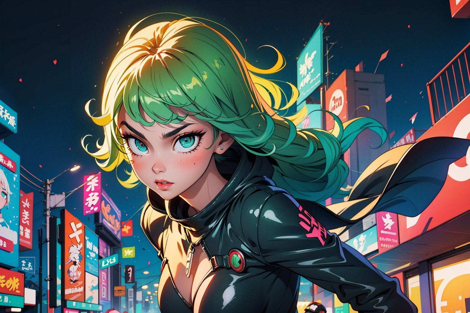 Tatsumaki, masterpiece, best quality, (detailed background), (beautiful detailed face, beautiful detailed eyes), high resolution, ultra detailed, masterpiece, best quality, detailed eyes, green_eyes, green_hair, flying, hovering, floating,dark(dark bodycon dress),long sleeves,high neck,tatsumaki,girl,full body,sexy,seductive,erotic,seductive,curly,tight clothing,in the city,midnight,cyberpunk scene,neon lights,vintage visual effects wind, splash, green lightning, light particles, electric, dj theme, synthwave theme (bokeh: 1.1), depth of field,