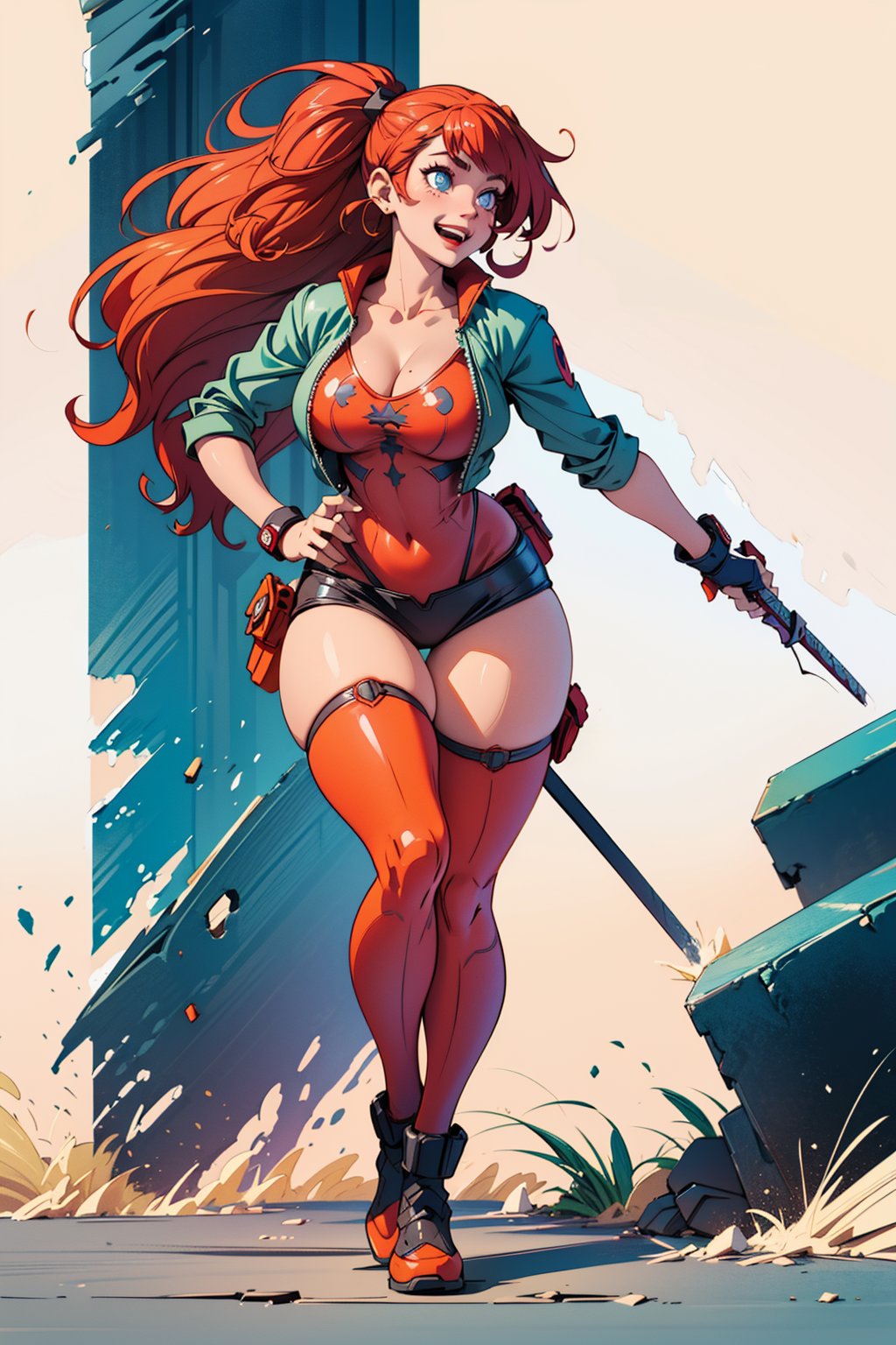 beautiful, crazy, happy girl, full body, standing, sexy pose, (curvy body), (defined body), big breasts, hands on body, dressed as (she deadpool) nose pierced, rebellious girl, long hair , side bangs, highly detailed light blue eyes, action background, extremely detailed, center image, bright sides