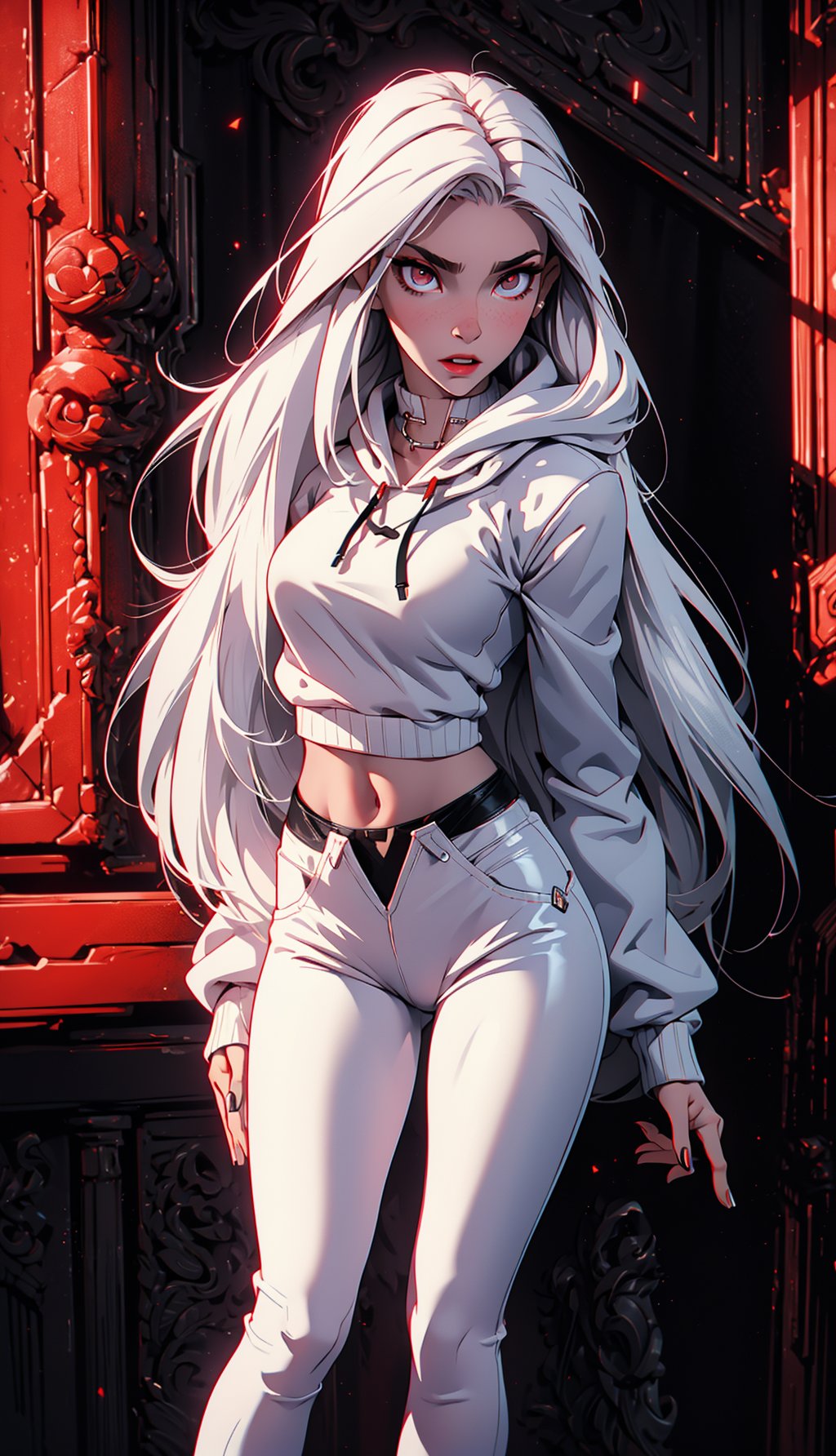 (windy background), (best detailed), (best lighting), ( ultra-detailed), (best quality), Female vampire, red eyes, (detail eyes), pale_skin, white_hair, ((straight_hair)), bangs, long-hair, past-the-weste, beautiful breasts, (black tight hoody sweater), (white skirt), leaning on the wall, (black spandex pants), clouds,3DMM,midjourney,perfecteyes