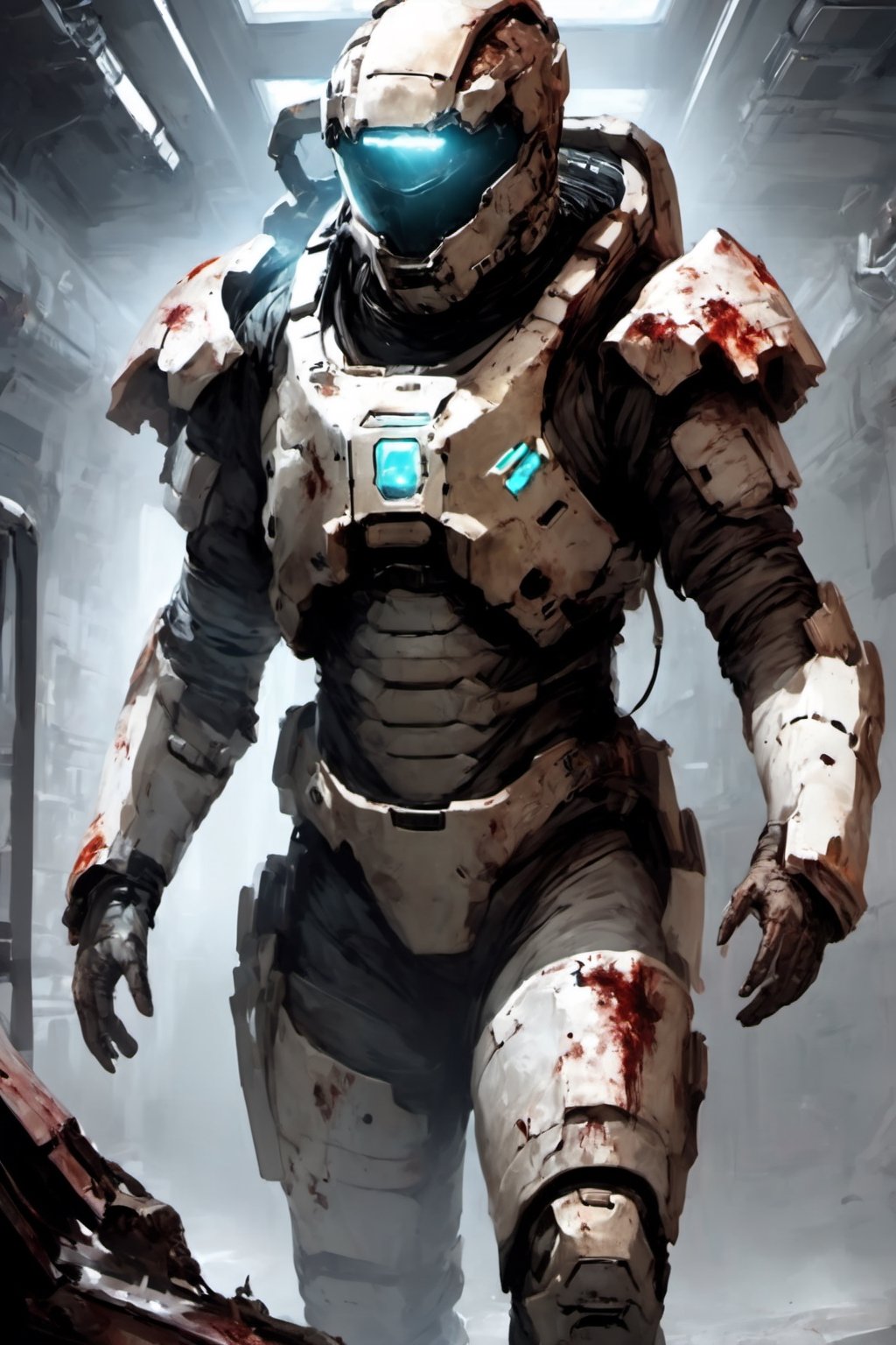 Dead space suit, space suit rig, inside a space station, walking through empty rooms, bloody, foggy, darkness, scene of horror, gore, terrifying, body's torn apart, ((Necromorph background))