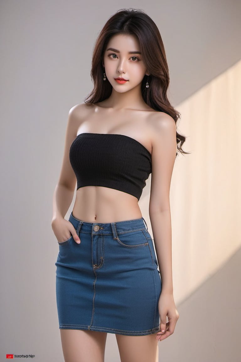 - [ ] Professional Photography of a 20 years old female, pure face, beautiful face, off-shoulder, sharp focus, full_body, huge cleavage, standing, slender, short jeans skirt, huge breasts, white bra, black hair, longhair 