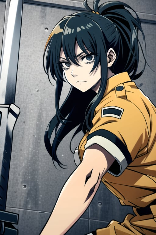 makima \(chainsaw man\), muscular_female, solo, buff_woman, biceps, at_the_jail, very long ponytail hair, black hair, shiny hair, emotionless eyes, thick linked eyelashes, black eyes, orange_prison_uniform, orange_clothes, black pantalon, relaxed_expressions,