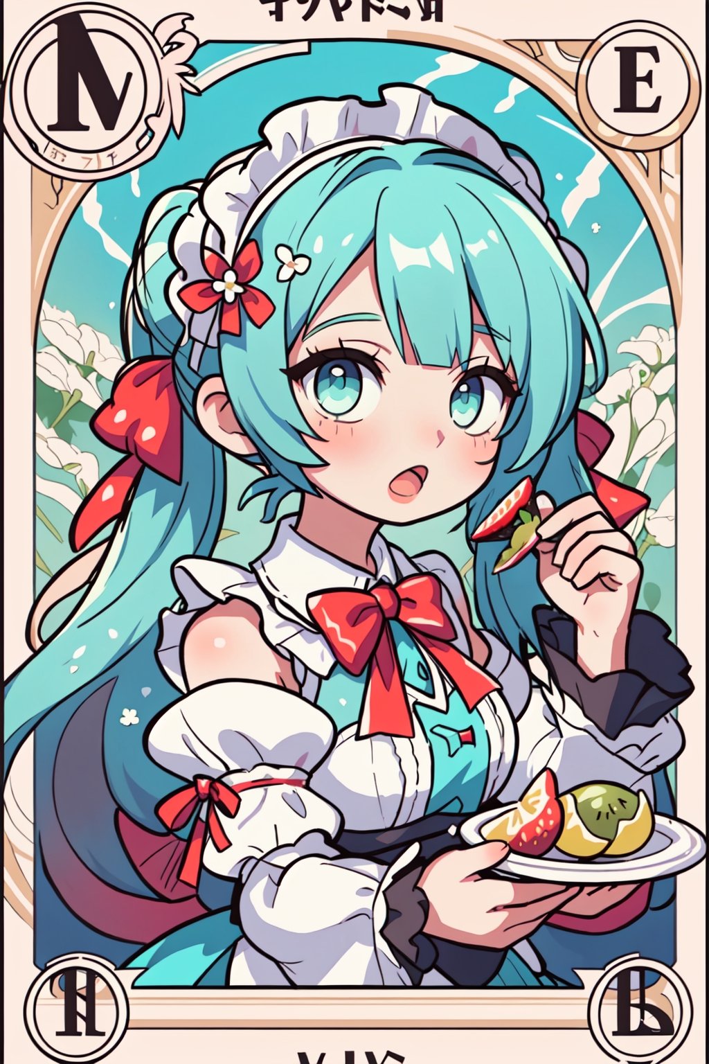 Hatsune Miku, tarot card style, hair ribbon, bowtie, holding food, bare shoulders, fruit, red bowtie, frilled hairband, very long hair, maid headdress, holding, :o, twintails, bow, frilled sleeves, puffy sleeves, food, strawberry, detached sleeves, bangs, hair flower, hair ornament, open mouth, red bow, white sleeves, looking at viewer, flower, red ribbon, aqua hair, upper body, dress, solo, frills, long hair, sleeveless, white flower, white dress, holding fruit, 1girl,  aqua eyes, ribbon, in the style of Alphonse Mucha, Art Nouveau