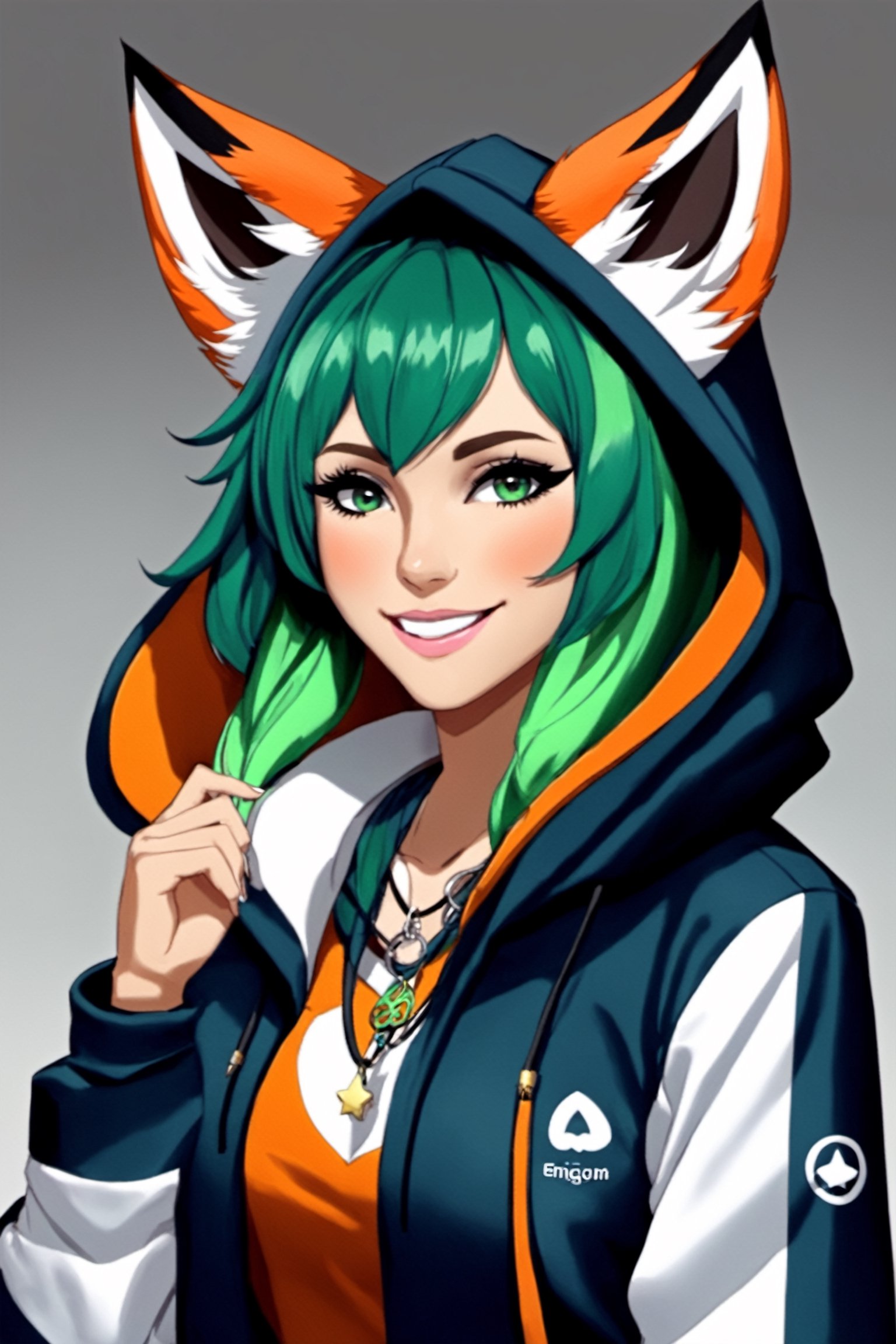 Enigma_Kitsune, , 1girl, solo, blush, smile, brown hair, shirt, jewelry, blue hair, jacket, upper body, multicolored hair, earrings, green hair, teeth, dark skin, hood, necklace, star (symbol), dark-skinned female, hoodie, turtleneck, hooded jacket, black sweater, fox ears, anthro, animal ears, animal ear fluff,