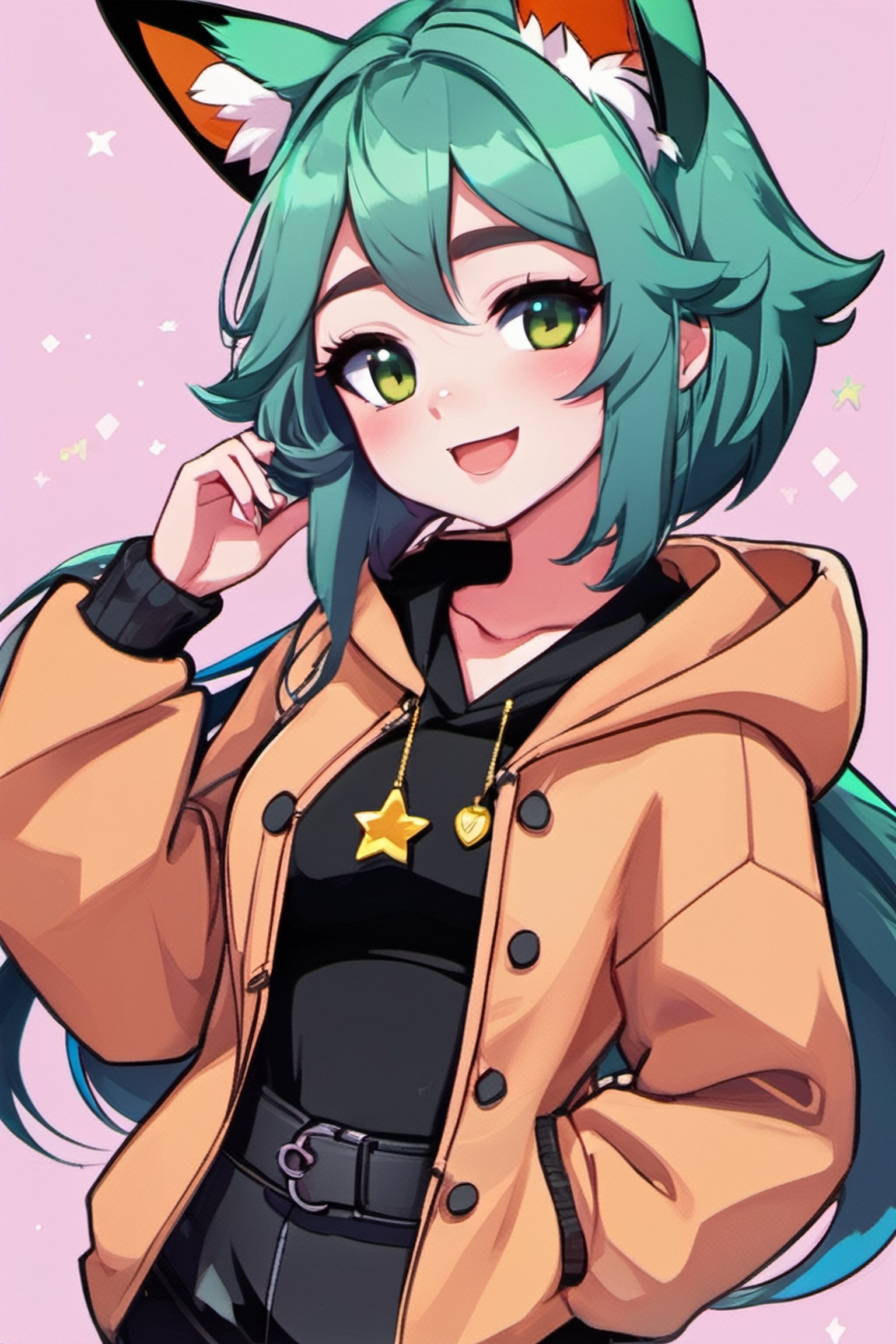 Niji_Emote, chibi, emoji twitch emote, stickers,  1girl, solo, blush, smile, brown hair, shirt, jewelry, blue hair, jacket, upper body, multicolored hair, earrings, green hair, teeth, dark skin, hood, necklace, star (symbol), dark-skinned female, hoodie, turtleneck, hooded jacket, black sweater, fox ears, anthro, animal ears, animal ear fluff, 
