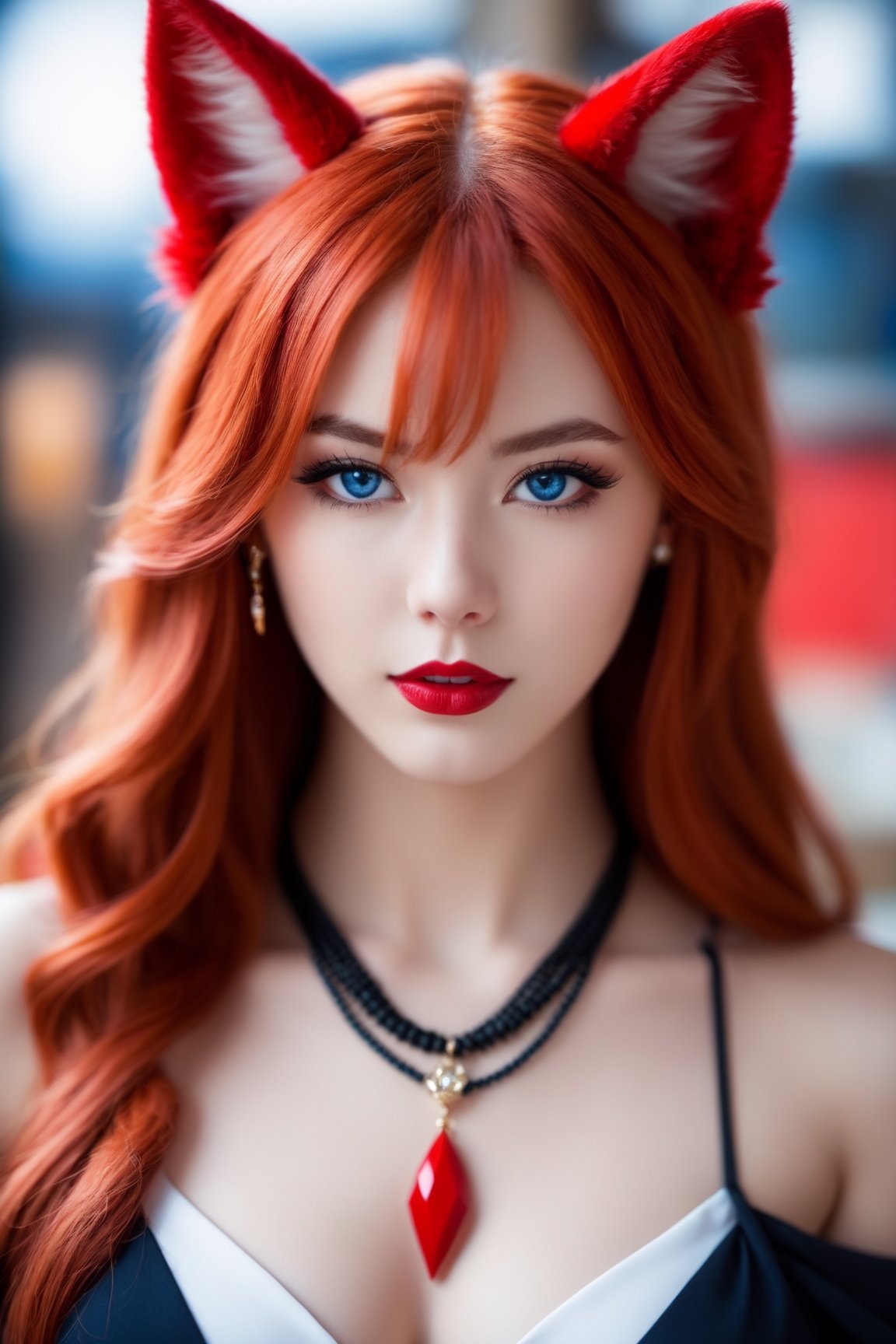 Enigma_Kitsune, 1girl, solo, long hair, looking at viewer, blue eyes, animal ears, jewelry, red hair, cat ears, necklace, blurry, lips, blurry background, freckles, red lips