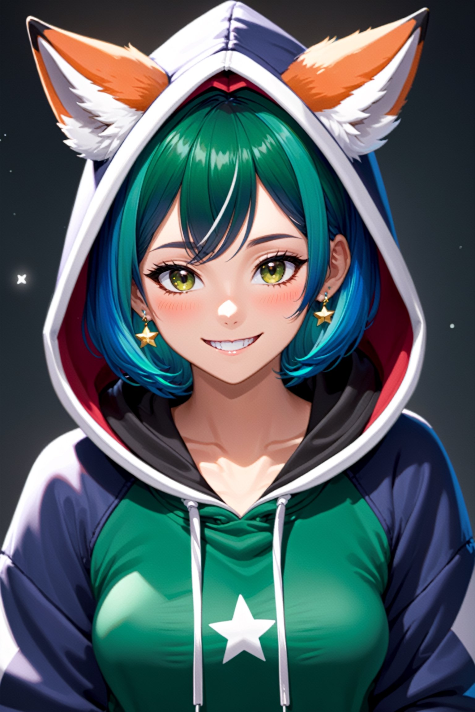 Enigma_Kitsune, , 1girl, solo, blush, smile, brown hair, shirt, jewelry, blue hair, jacket, upper body, multicolored hair, earrings, green hair, teeth, dark skin, hood, necklace, star (symbol), dark-skinned female, hoodie, turtleneck, hooded jacket, black sweater, fox ears, anthro, animal ears, animal ear fluff,