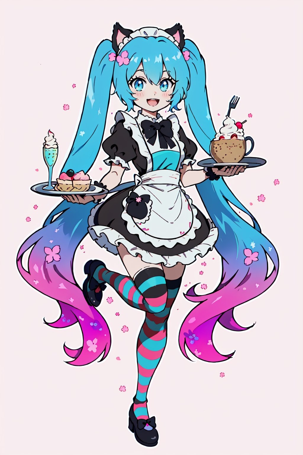 Hatsune Miku, Cherry Blossom Miku, full body, bowtie,  blue eyes, animal, striped thighhighs, animal ears, white background, black footwear, ice cream, holding tray, :d, multicolored hair, very long hair, parfait, holding, thighhighs, twintails, bow, puffy sleeves, shoes, waitress, food, black bow, bangs, standing on one leg, open mouth, gradient hair, pink dress, frilled apron, hair bow, white apron, looking at viewer, smile, aqua hair, standing, dress, striped, solo, short sleeves, frills, tray, long hair, hair between eyes, 1girl, simple background, aqua eyes, apron, puffy short sleeves