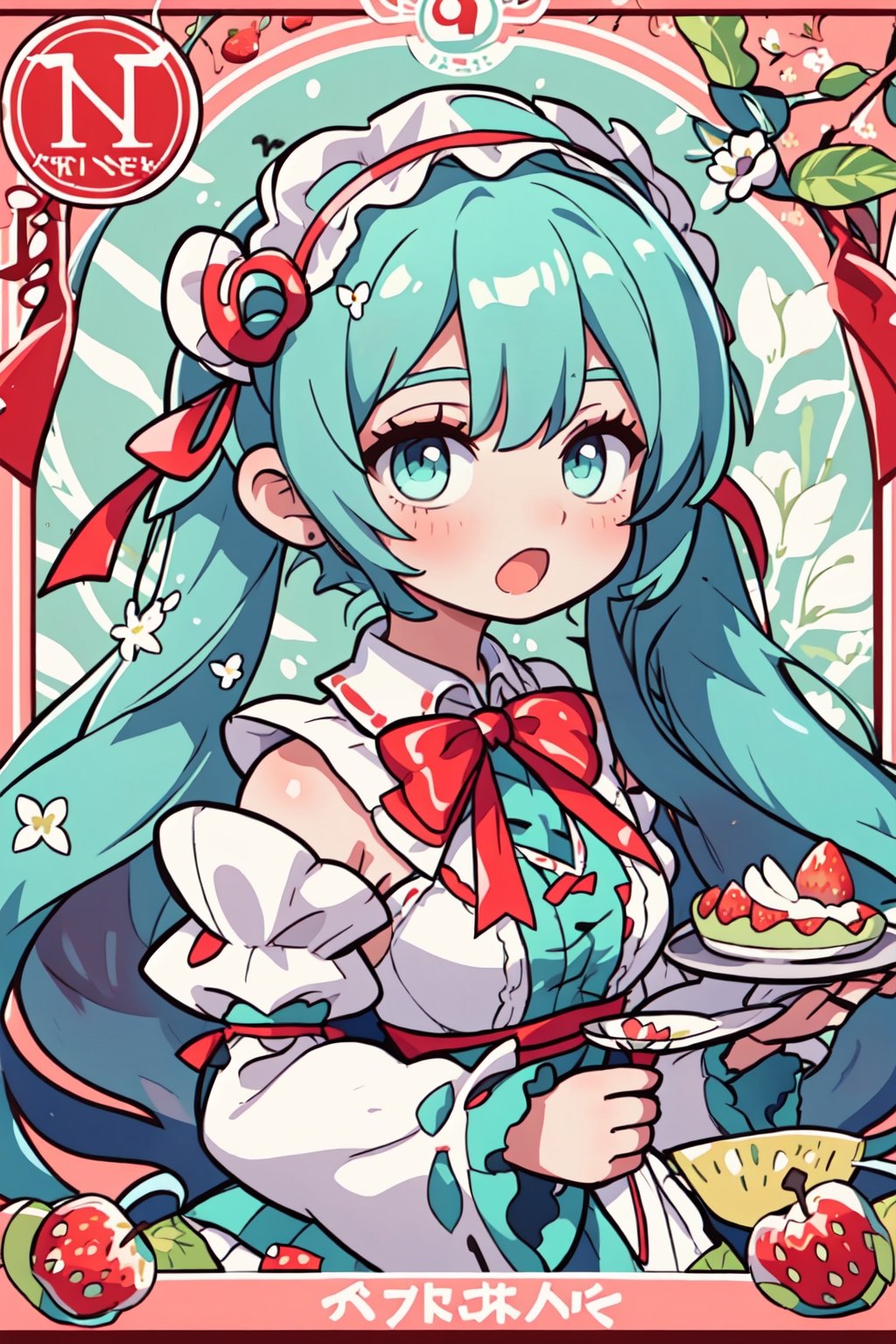 Hatsune Miku, tarot card style, hair ribbon, bowtie, holding food, bare shoulders, fruit, red bowtie, frilled hairband, very long hair, maid headdress, holding, :o, twintails, bow, frilled sleeves, puffy sleeves, food, strawberry, detached sleeves, bangs, hair flower, hair ornament, open mouth, red bow, white sleeves, looking at viewer, flower, red ribbon, aqua hair, upper body, dress, solo, frills, long hair, sleeveless, white flower, white dress, holding fruit, 1girl,  aqua eyes, ribbon, in the style of Alphonse Mucha, Art Nouveau