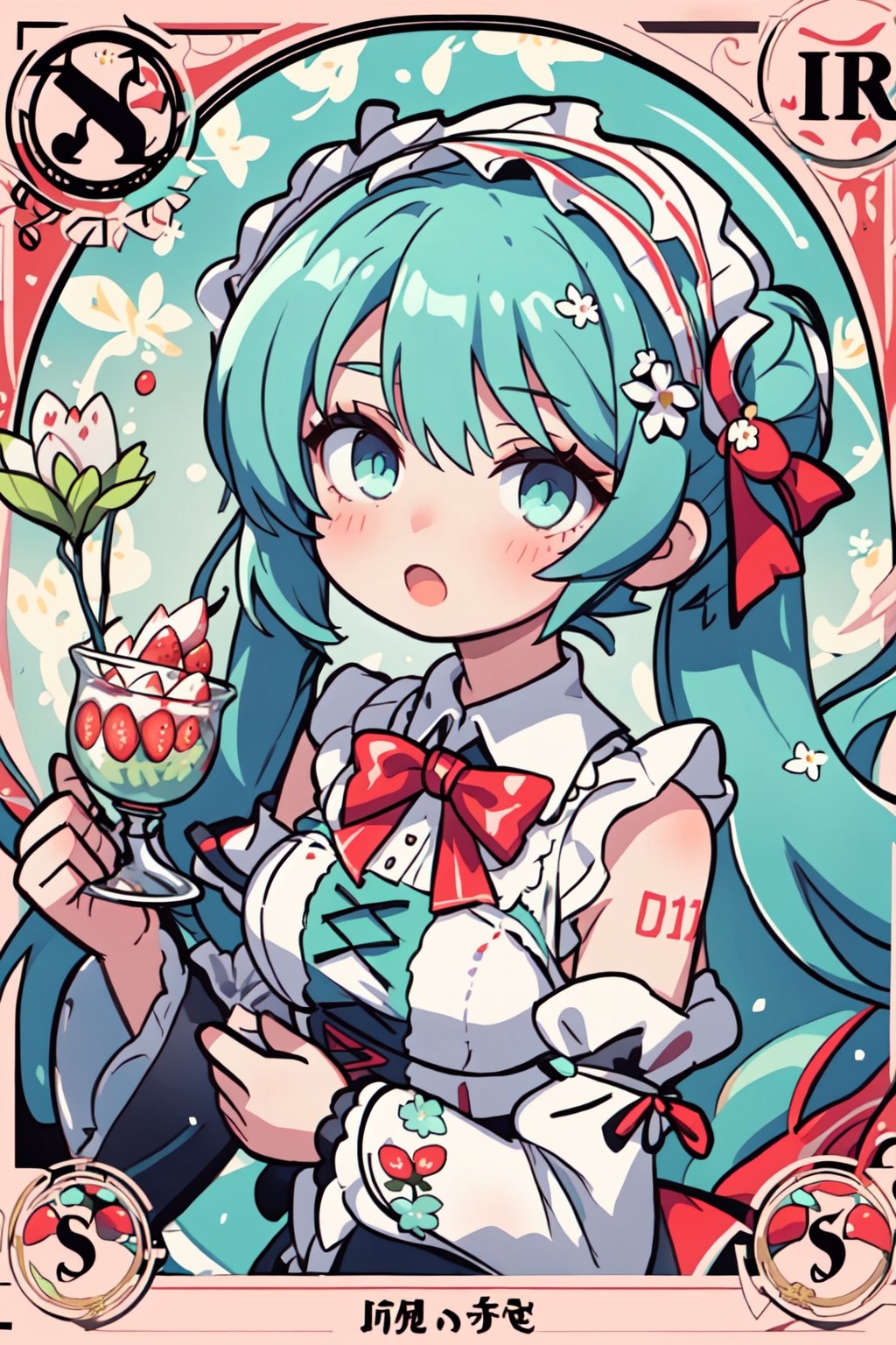 Hatsune Miku, tarot card style, hair ribbon, bowtie, holding food, bare shoulders, fruit, red bowtie, frilled hairband, very long hair, maid headdress, holding, :o, twintails, bow, frilled sleeves, puffy sleeves, food, strawberry, detached sleeves, bangs, hair flower, hair ornament, open mouth, red bow, white sleeves, looking at viewer, flower, red ribbon, aqua hair, upper body, dress, solo, frills, long hair, sleeveless, white flower, white dress, holding fruit, 1girl,  aqua eyes, ribbon, in the style of Alphonse Mucha, Art Nouveau