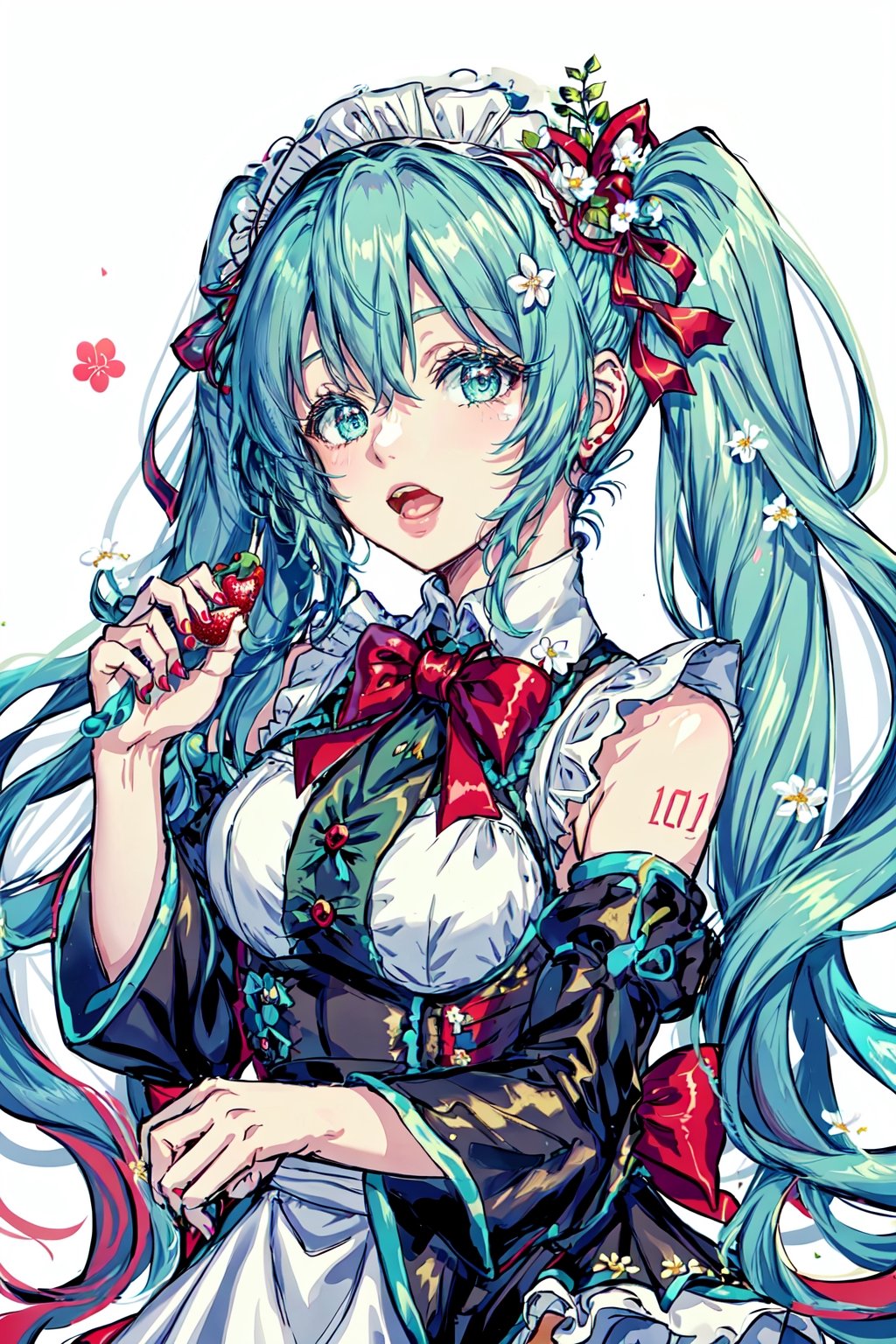 Hatsune Miku, hair ribbon, bowtie, holding food, bare shoulders, fruit, red bowtie, frilled hairband, white background, very long hair, maid headdress, holding, :o, twintails, bow, frilled sleeves, puffy sleeves, food, strawberry, detached sleeves, bangs, hair flower, hair ornament, open mouth, red bow, white sleeves, looking at viewer, flower, red ribbon, aqua hair, upper body, dress, solo, frills, long hair, sleeveless, white flower, white dress, holding fruit, 1girl, simple background, aqua eyes, ribbon