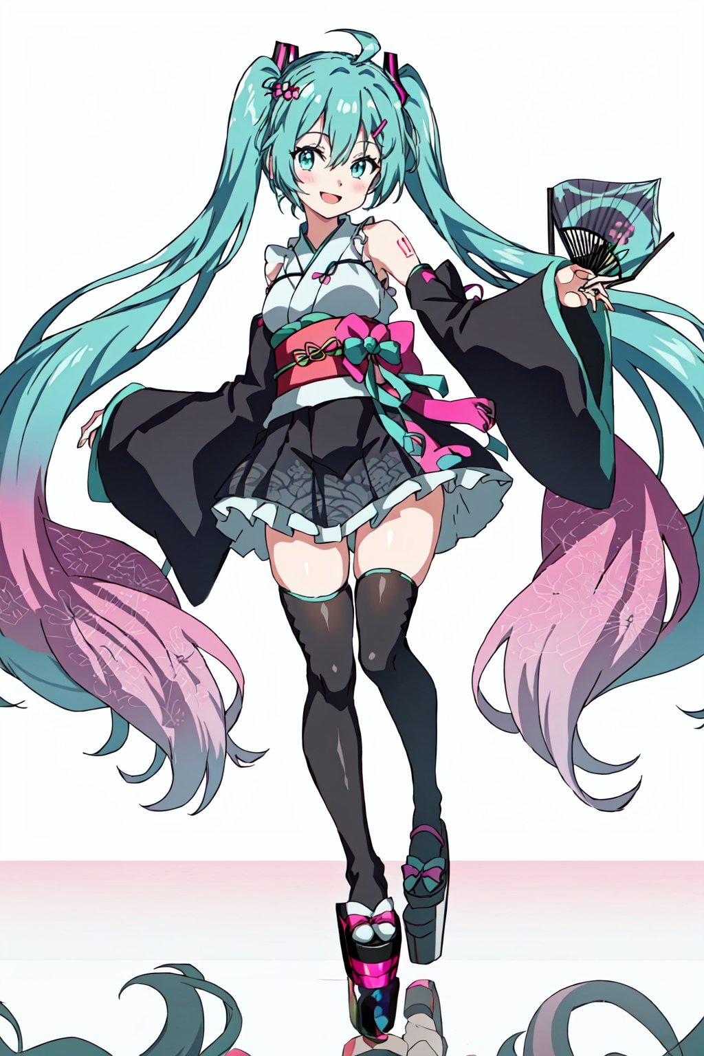 Hatsune Miku, full body, asymmetrical sleeves, halterneck, frilled skirt, long sleeves, pink sleeves, white background, platform footwear, multicolored hair, very long hair, hand fan, holding, thighhighs, wide sleeves, twintails, bow, sleeves past wrists, reflection, skirt, kimono, holding fan, detached sleeves, speaker, bangs, folding fan, uneven legwear, hair ornament, criss-cross halter, open mouth, black thighhighs, gradient hair, japanese clothes, pink bow, drum, white sleeves, looking at viewer, black skirt, smile, aqua hair, standing, yukata, aqua bow, single thighhigh, solo, frills, hairclip, long hair, zouri, 1girl, simple background, aqua eyes, asymmetrical legwear