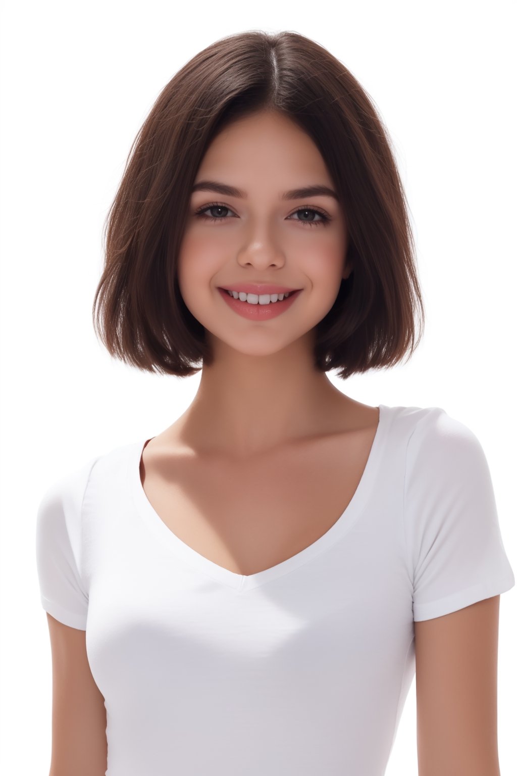 Realistic body proportions, realistic perfect face features. Perfect hair, light smile. V-neck T-shirt. Ambient soft lighting, (perfect accurate dark eyes, looking at viewer:1.4), accurate perfect face, perfect lighting. (((Simple White background)))