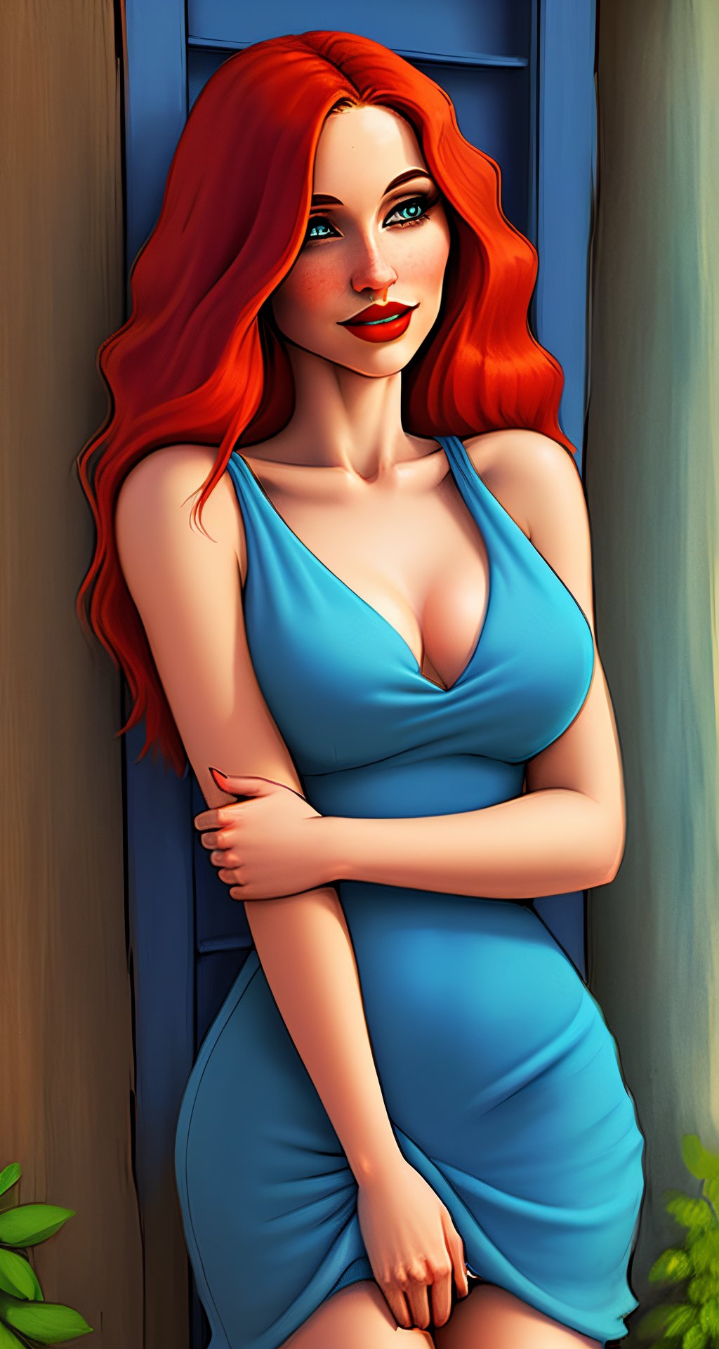 shy desireable wanting lonely celtic girl light skin long red hair red lips and freckles in low cut tight blue summer dress 
,arshadArt