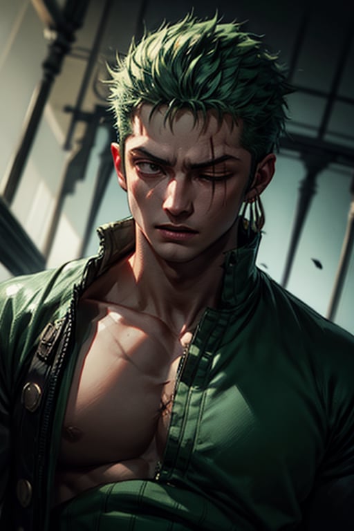 roronoa zoro, three swords on his waist, green outfit, green hair (vertical scar across the left eye), symmetrical body, muscular body, (closed left eye), full_body_portrait, cinematic lighting, high contrast, art station, character concept art, 8K, uplight, cinematic, (21 years old)